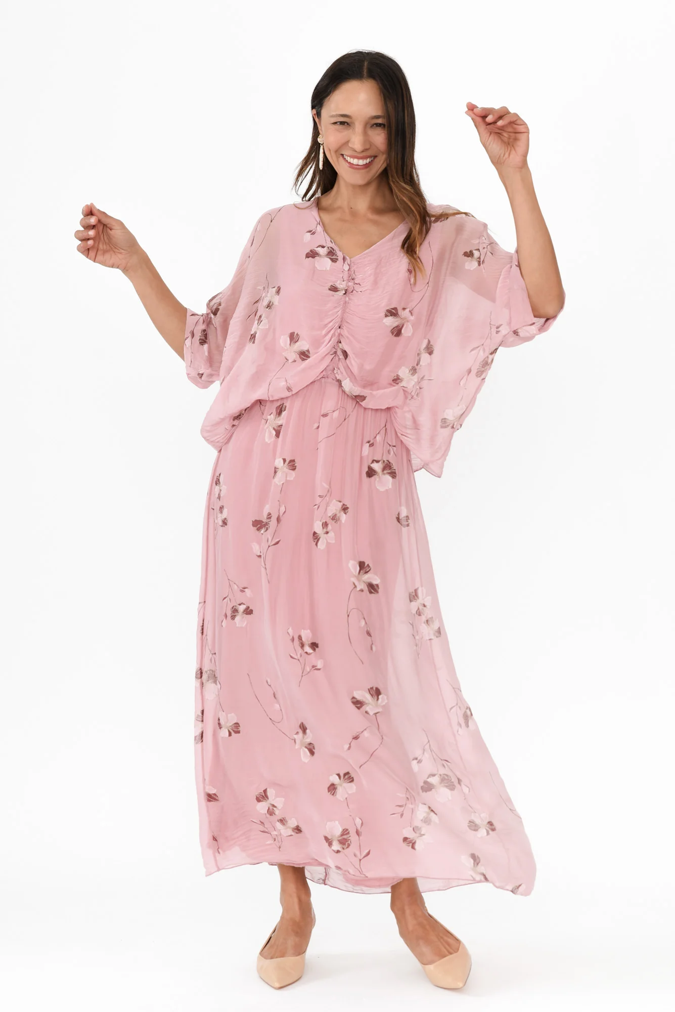 Kerry Pink Floral Silk Gathered Dress - Image 2
