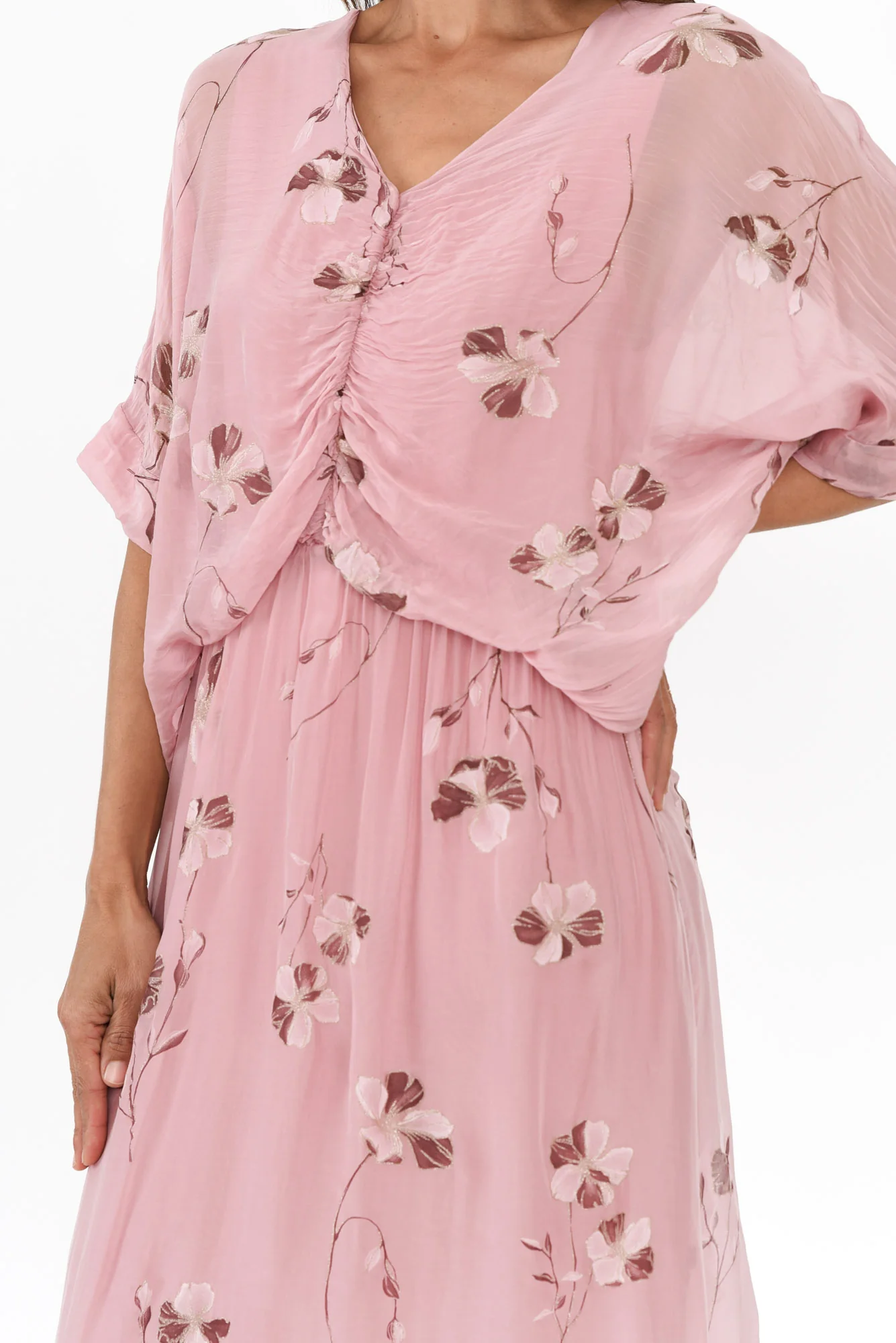 Kerry Pink Floral Silk Gathered Dress - Image 5