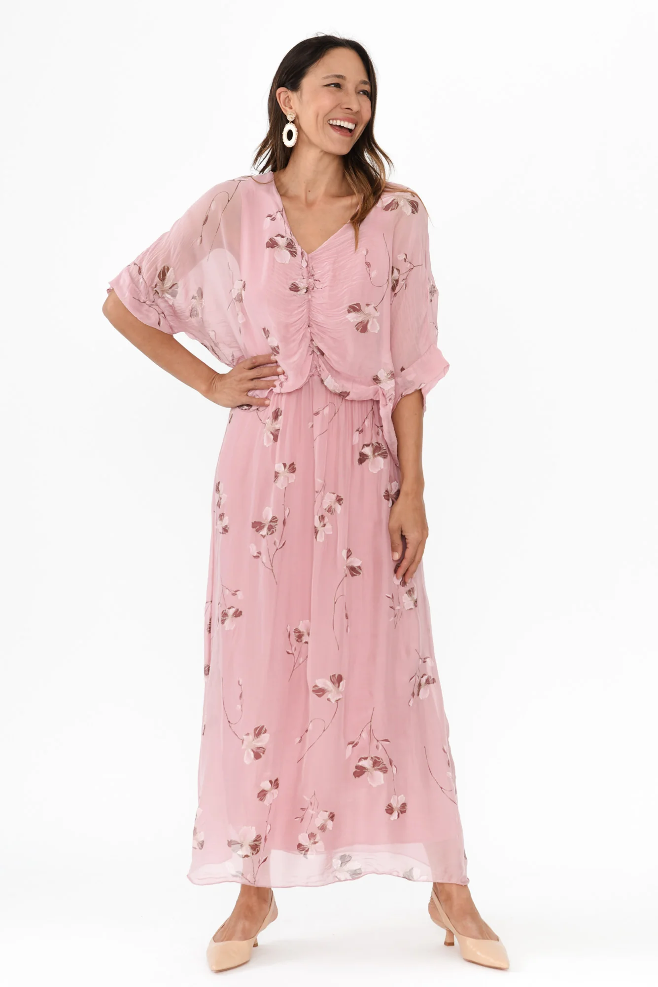 Kerry Pink Floral Silk Gathered Dress - Image 6