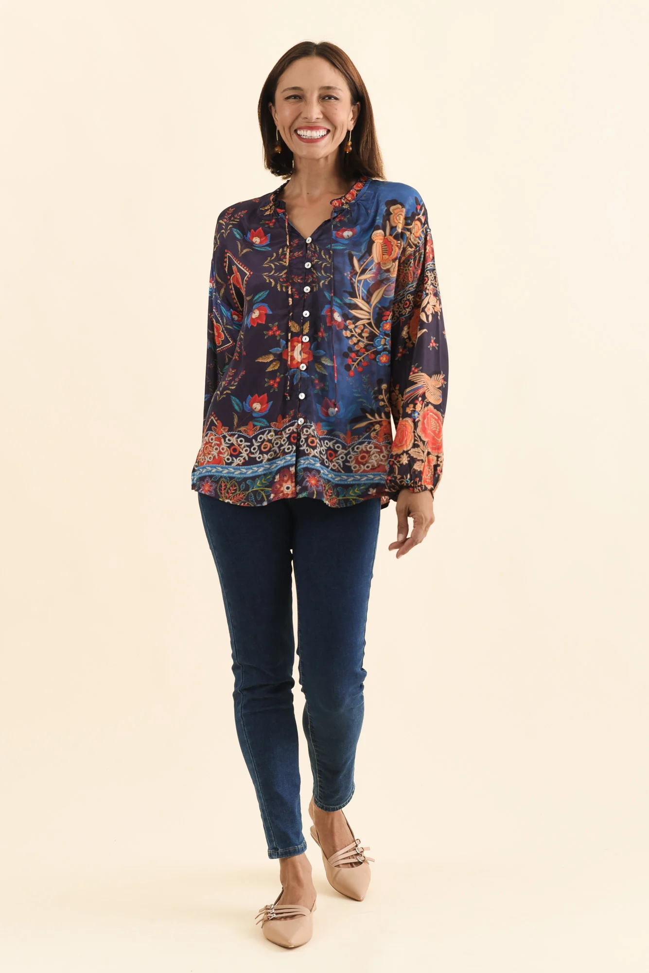 Laria Navy Botanical Button Top - Image 2
