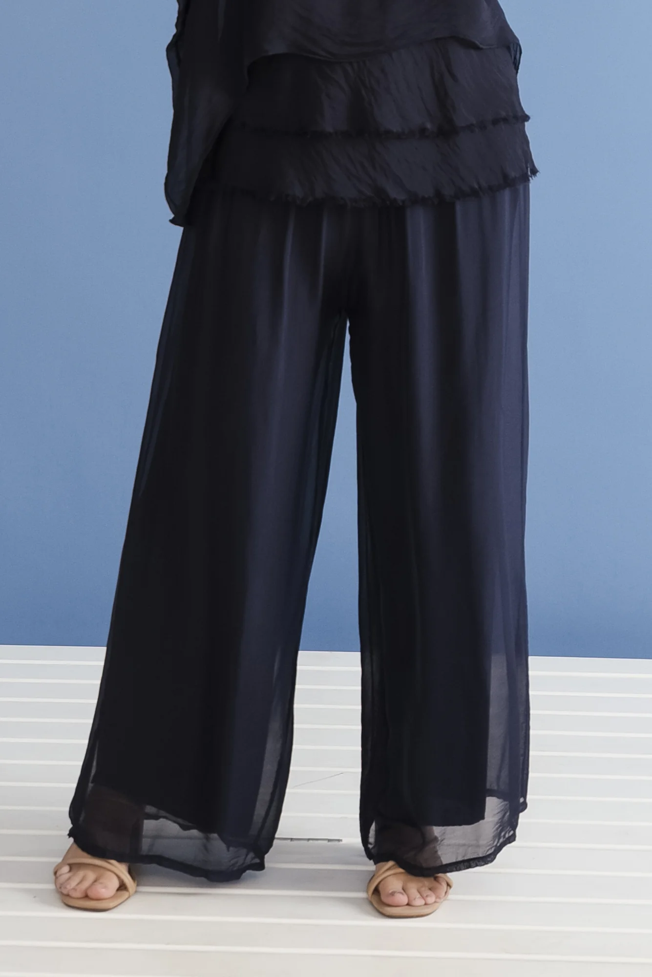 Laurier Navy Silk Wide Leg Pants - Image 15