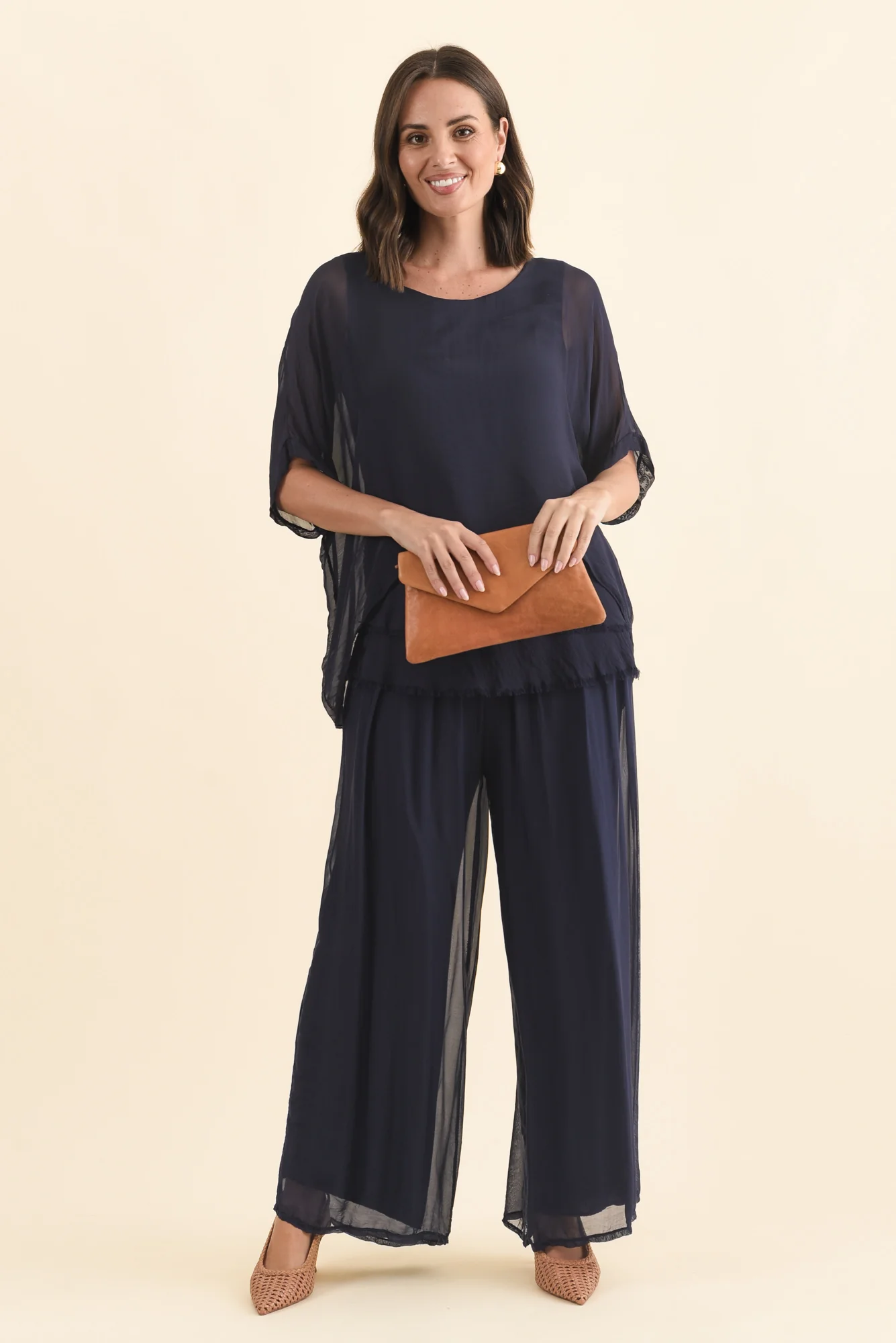 Laurier Navy Silk Wide Leg Pants - Image 3