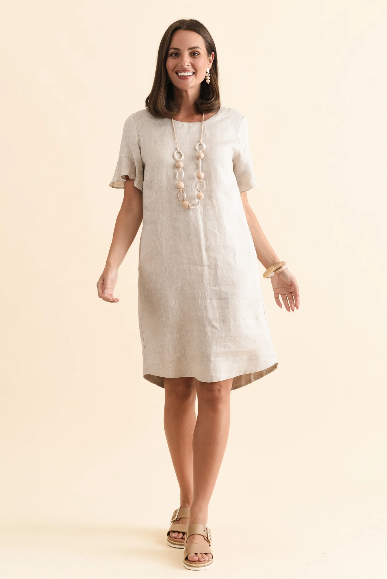 Lesley Beige Linen Flutter Sleeve Dress - Image 3