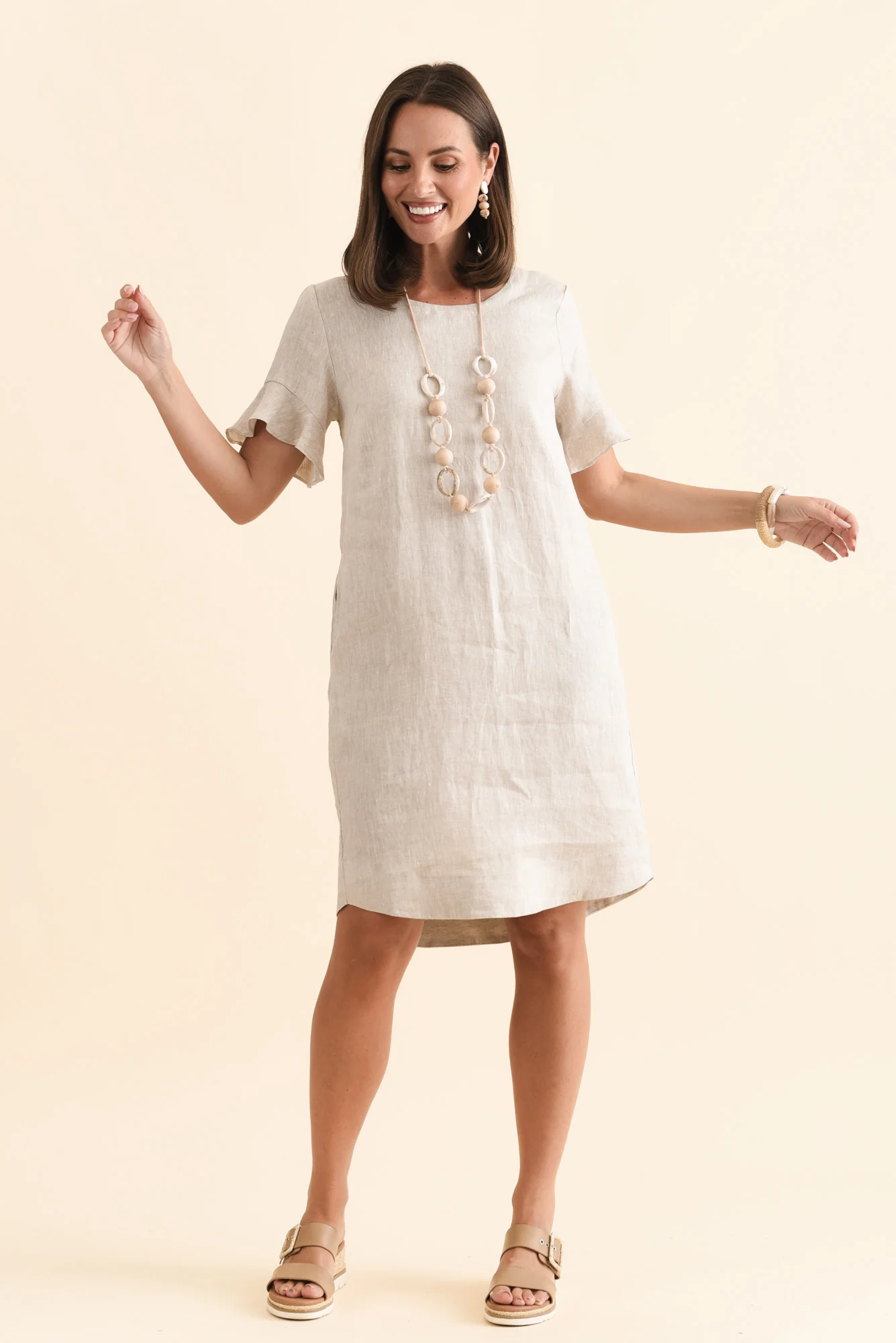 Lesley Beige Linen Flutter Sleeve Dress - Image 7