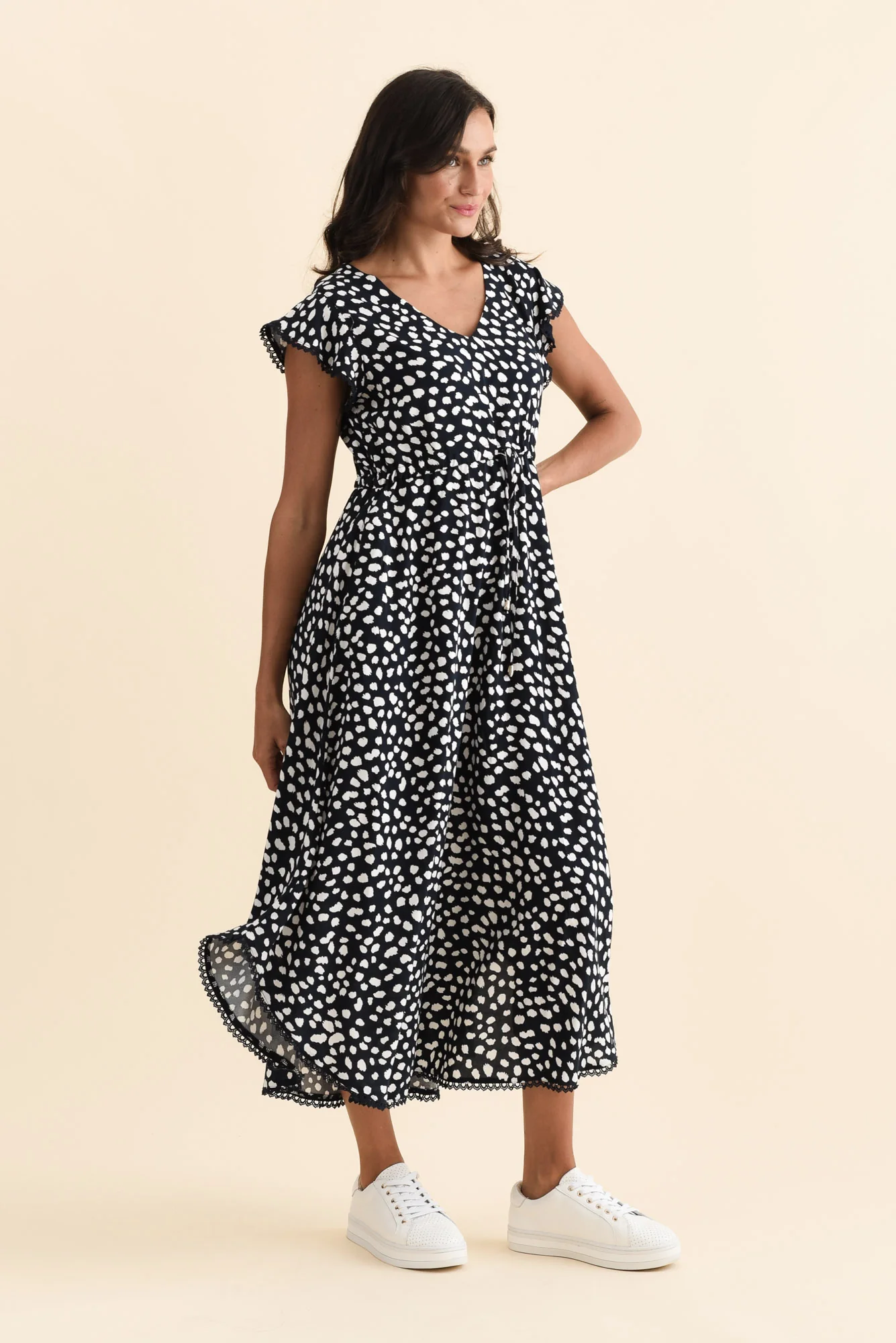 Libby Navy Spot Midi Dress - Image 3