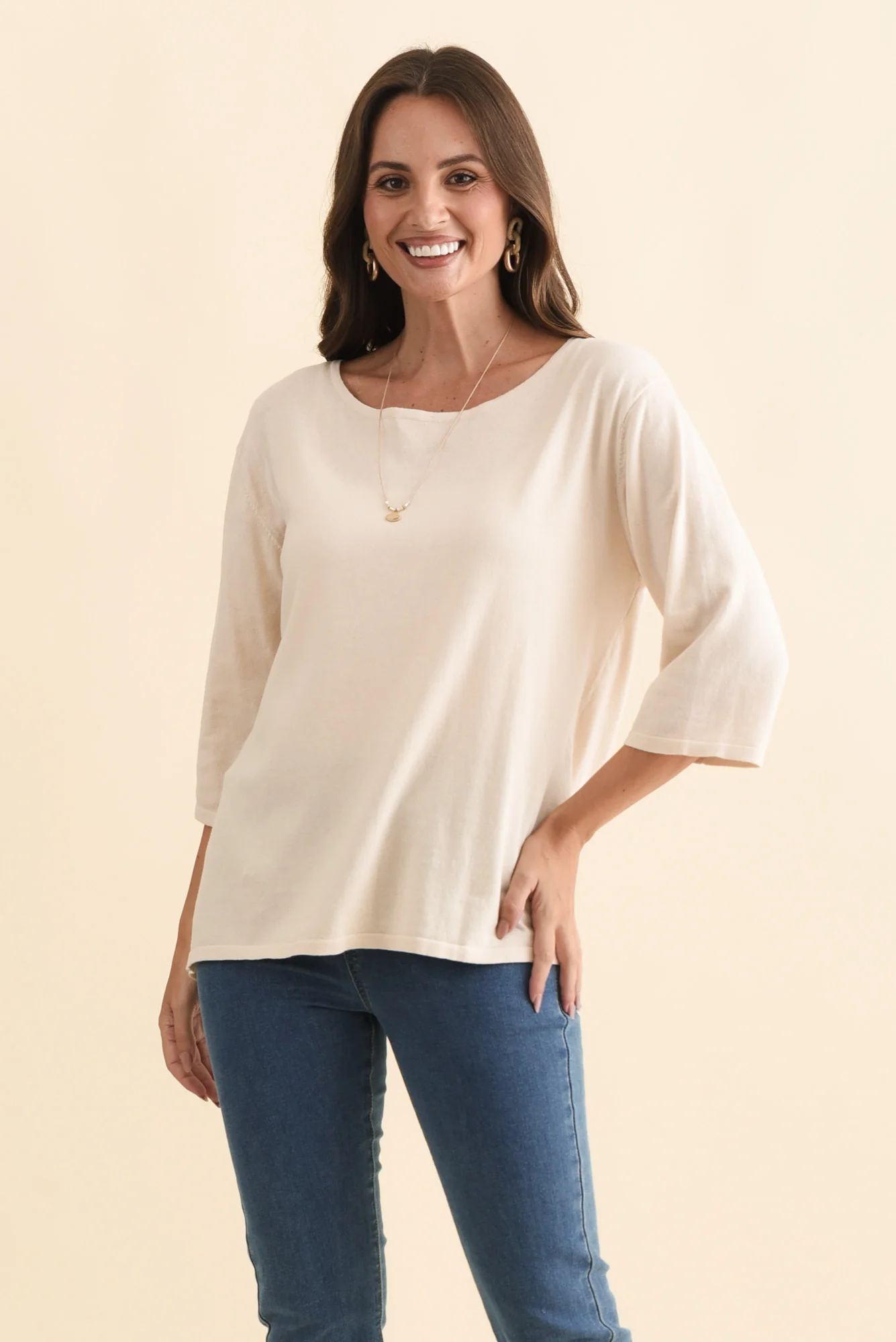 Liberty Beige Cotton Knit 3/4 Sleeve Top - Image 2