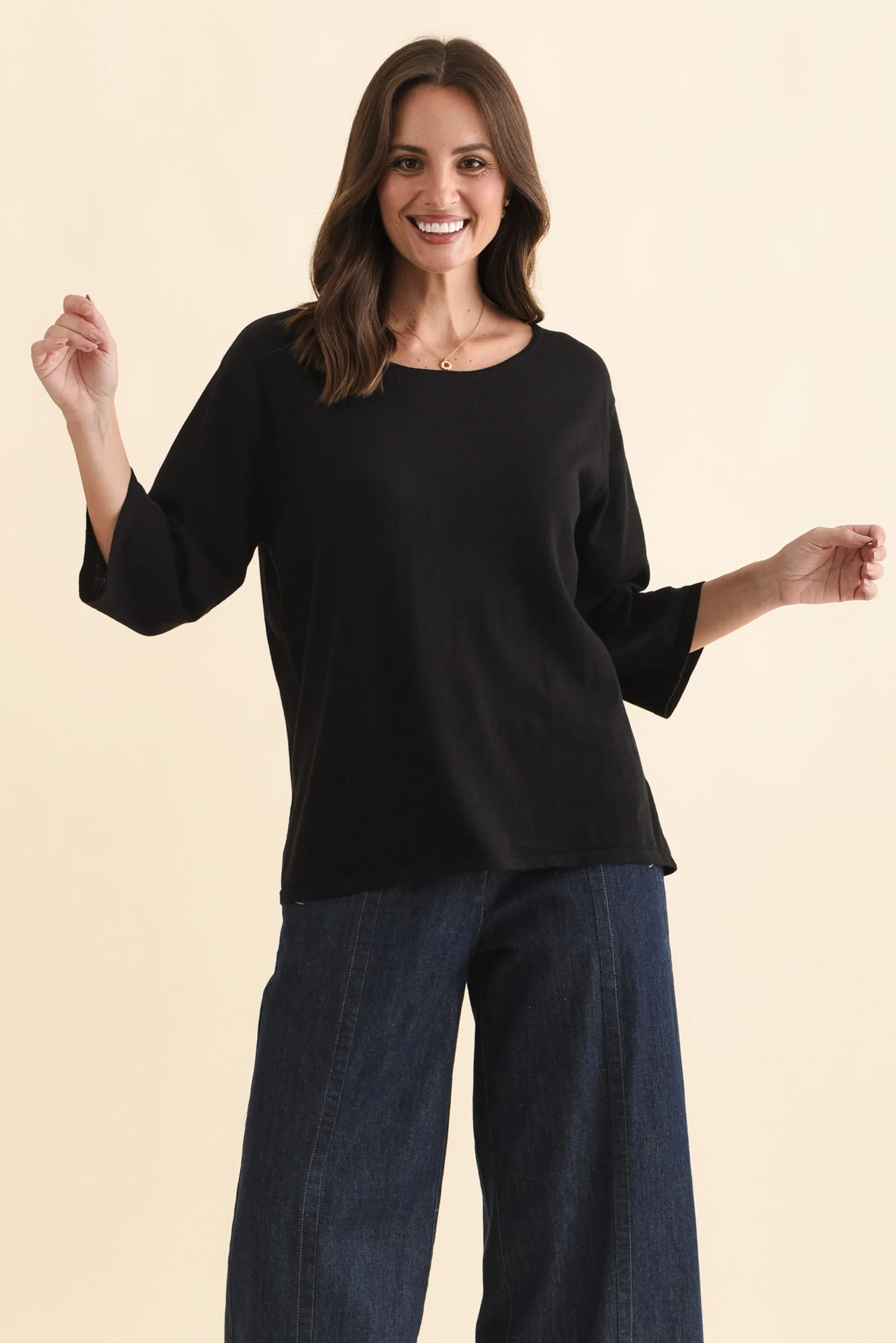 Liberty Black Cotton Knit 3/4 Sleeve Top