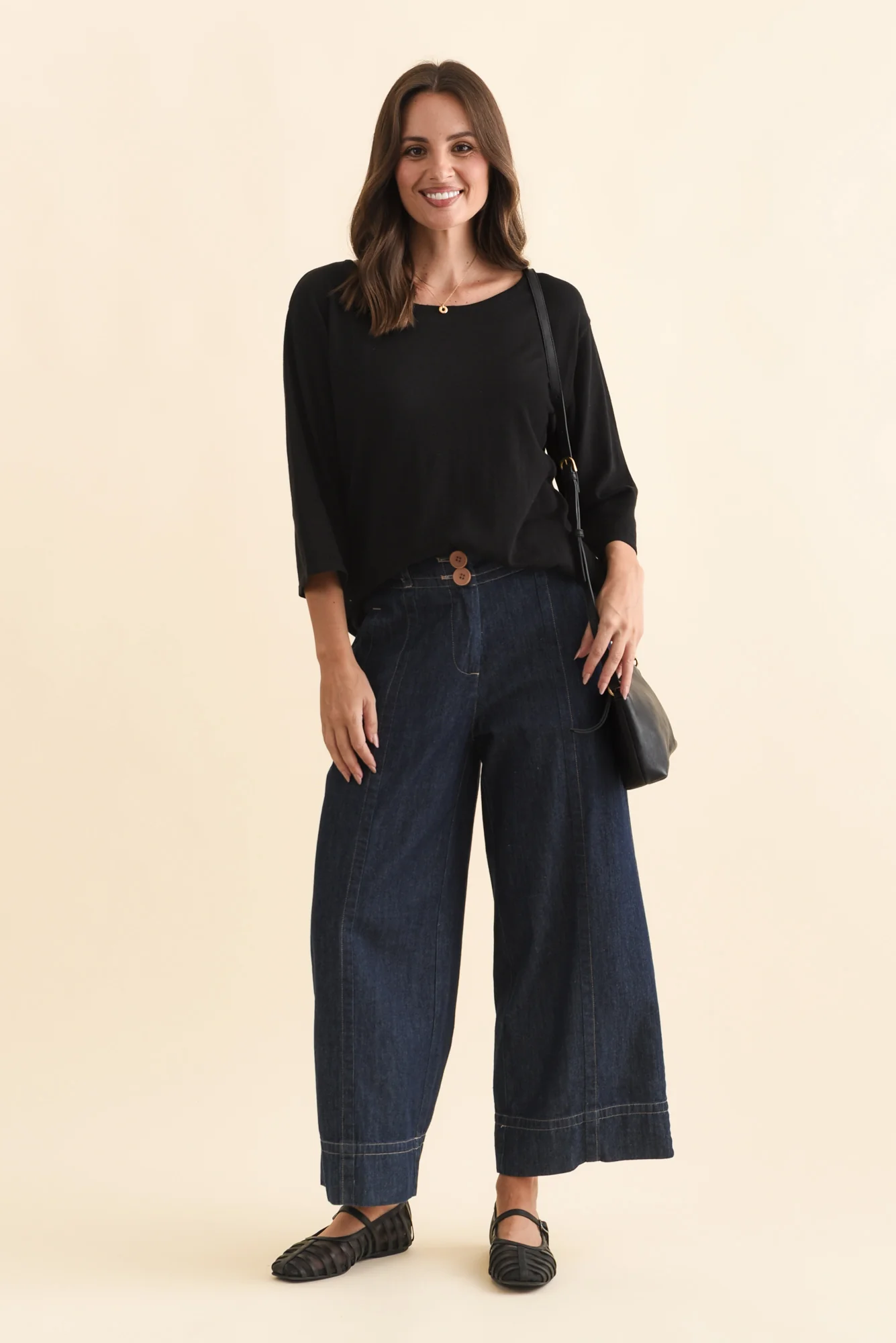Liberty Black Cotton Knit 3/4 Sleeve Top - Image 2