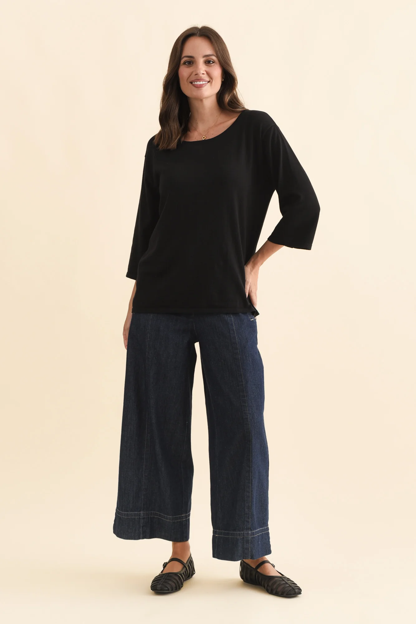 Liberty Black Cotton Knit 3/4 Sleeve Top - Image 6