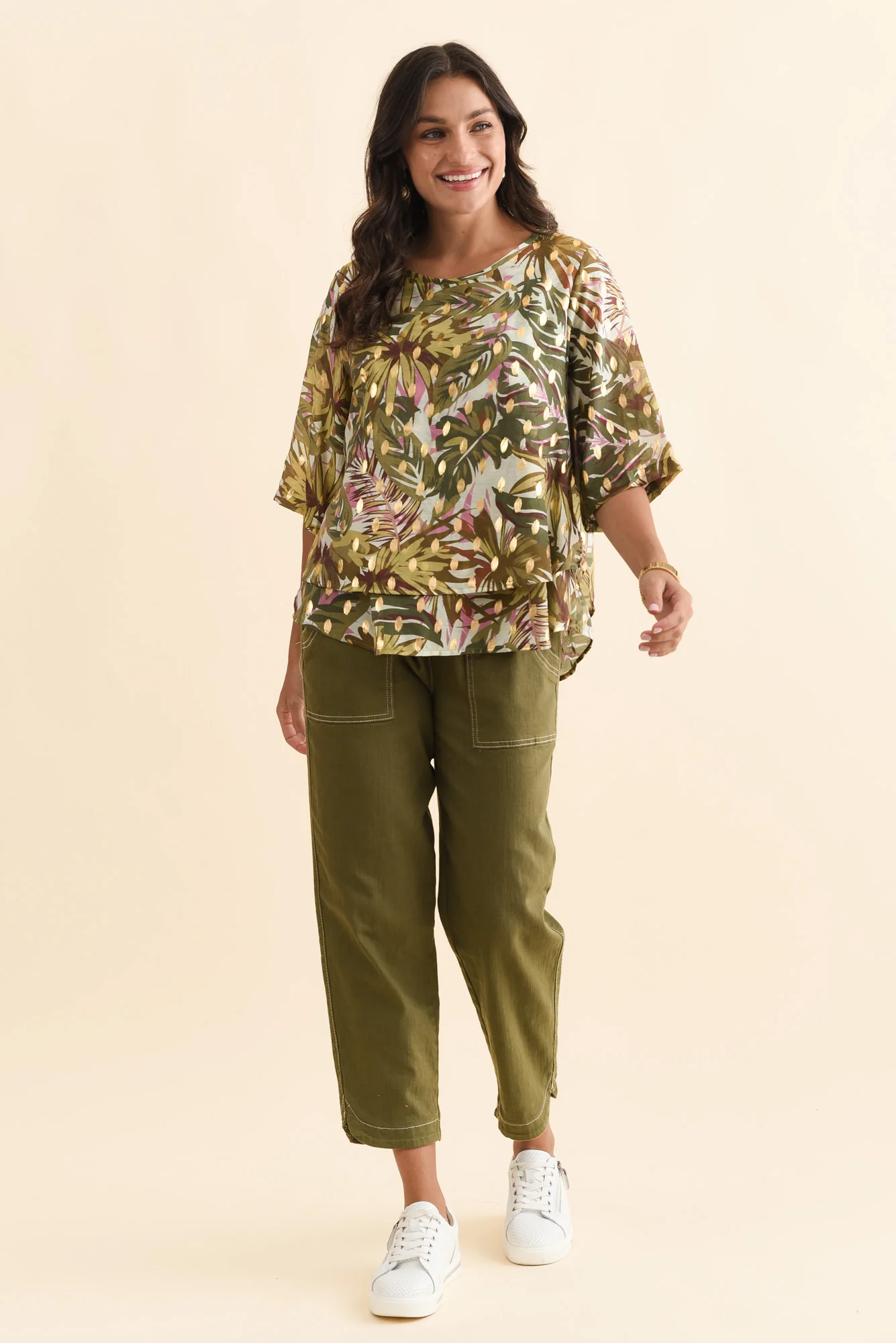 Liora Khaki Tropical Foil Layered Top - Image 2
