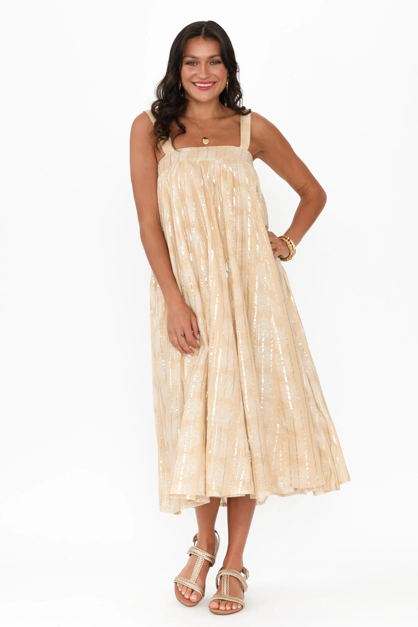 Livvy Beige Stripe Cotton Maxi Dress
