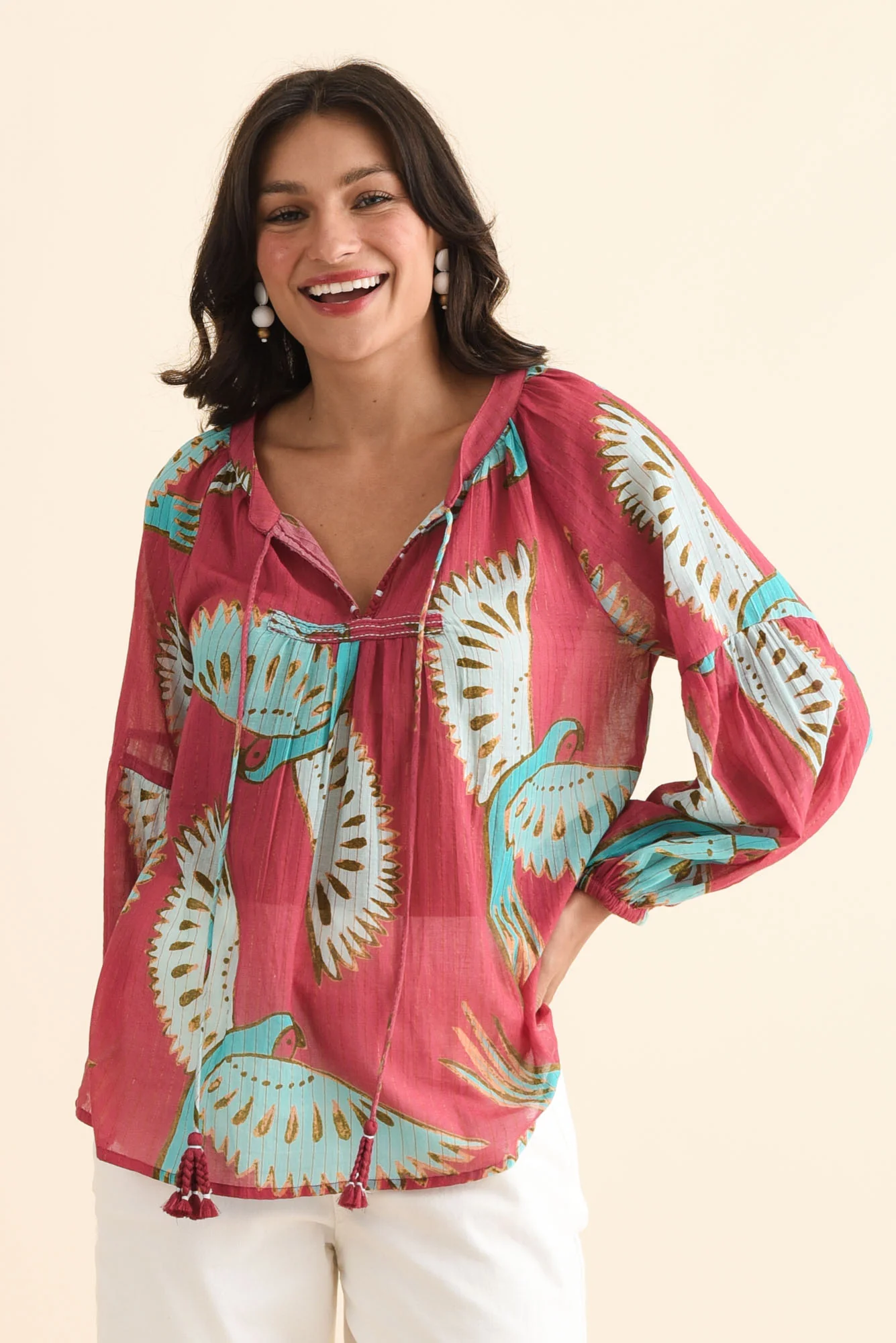 Lorrini Red Bird Cotton Tassel Top