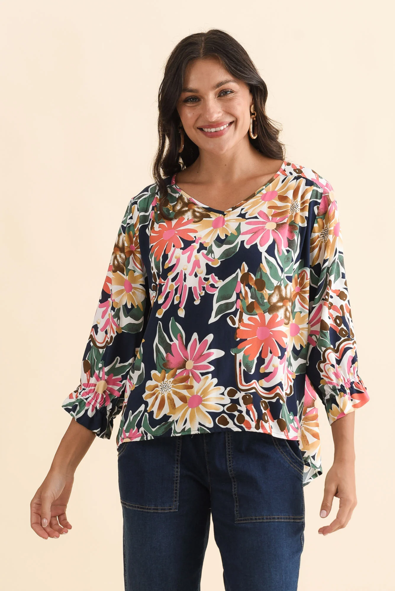 Lourdes Navy Floral Frill Sleeve Top