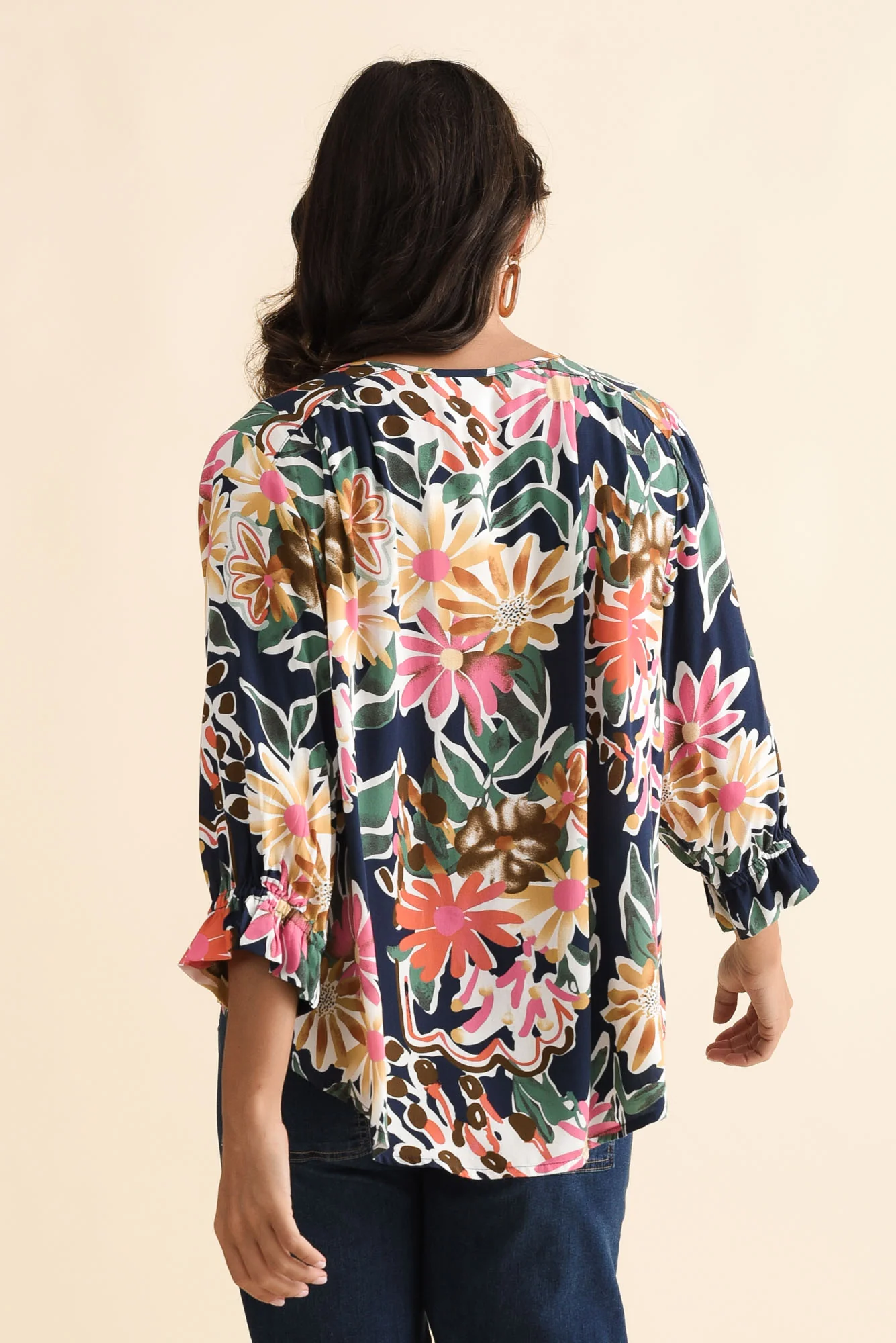 Lourdes Navy Floral Frill Sleeve Top - Image 4