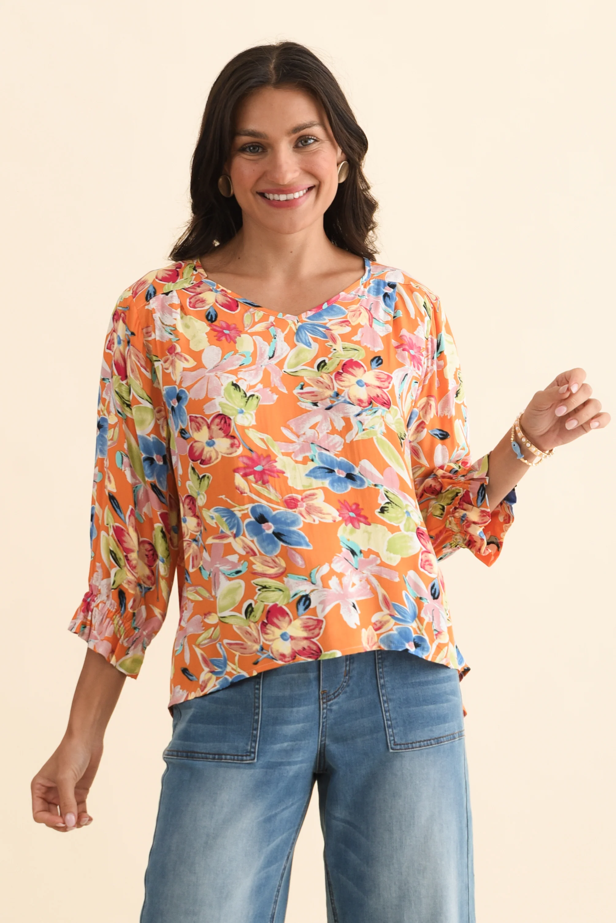 Lourdes Orange Floral Frill Sleeve Top - Image 2