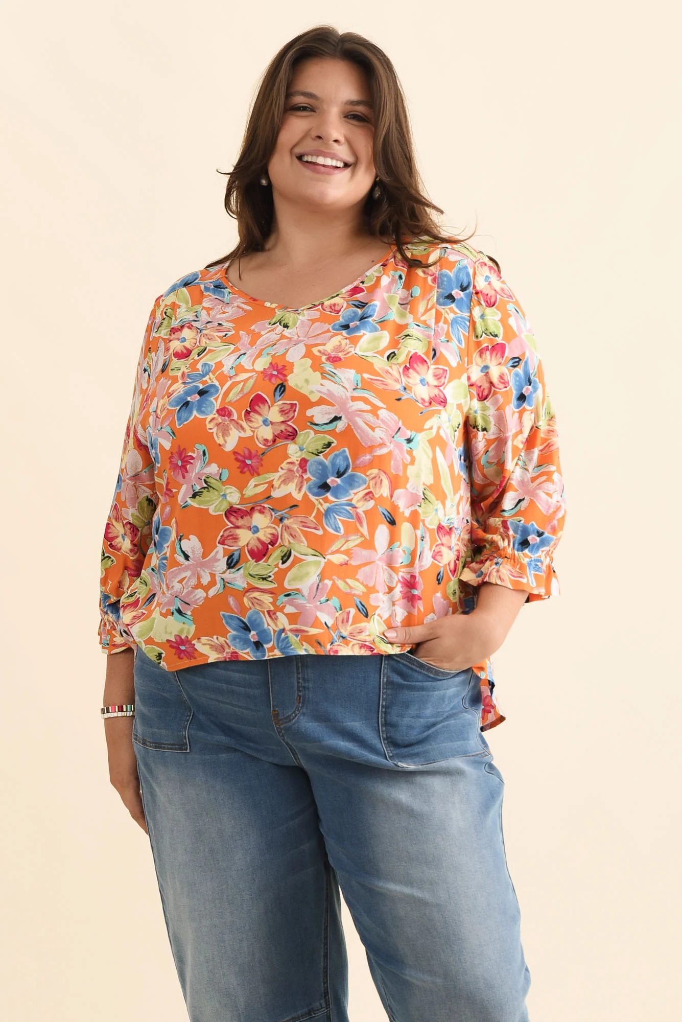 Lourdes Orange Floral Frill Sleeve Top - Image 8