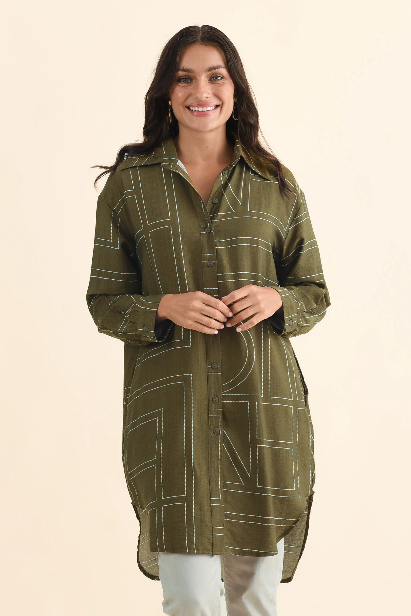 Luke Khaki Abstract Collared Tunic