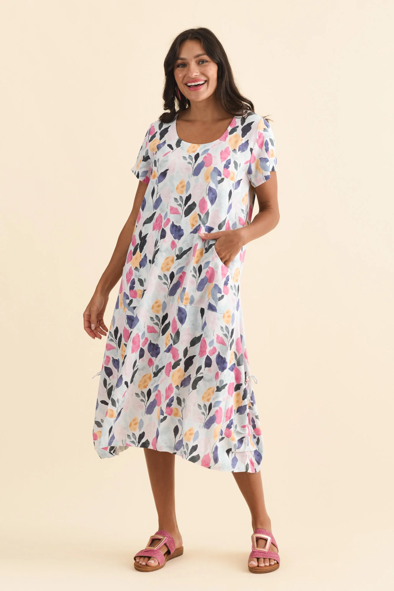 Lula Pink Leaf Linen Cotton Dress