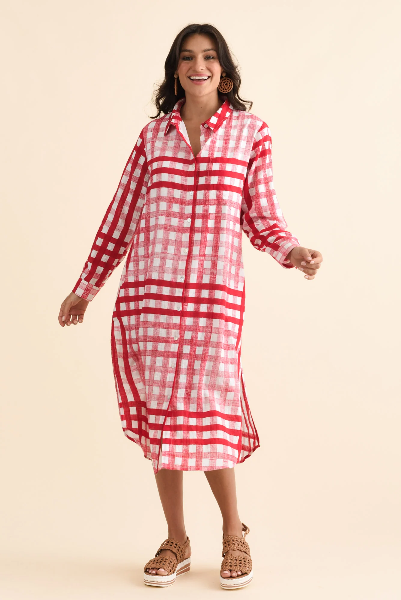 Macaria Red Check Cotton Shirt Dress