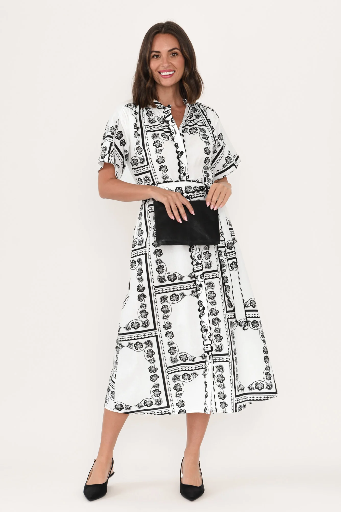 Marilyn White Tile Cotton Tie Dress