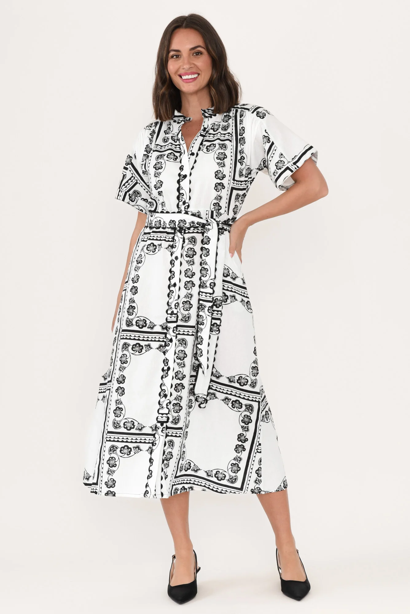 Marilyn White Tile Cotton Tie Dress - Image 2