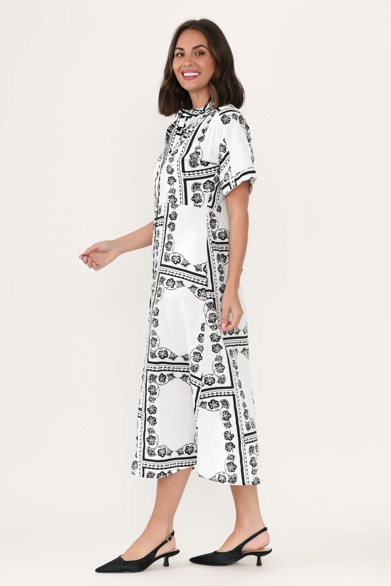 Marilyn White Tile Cotton Tie Dress - Image 4