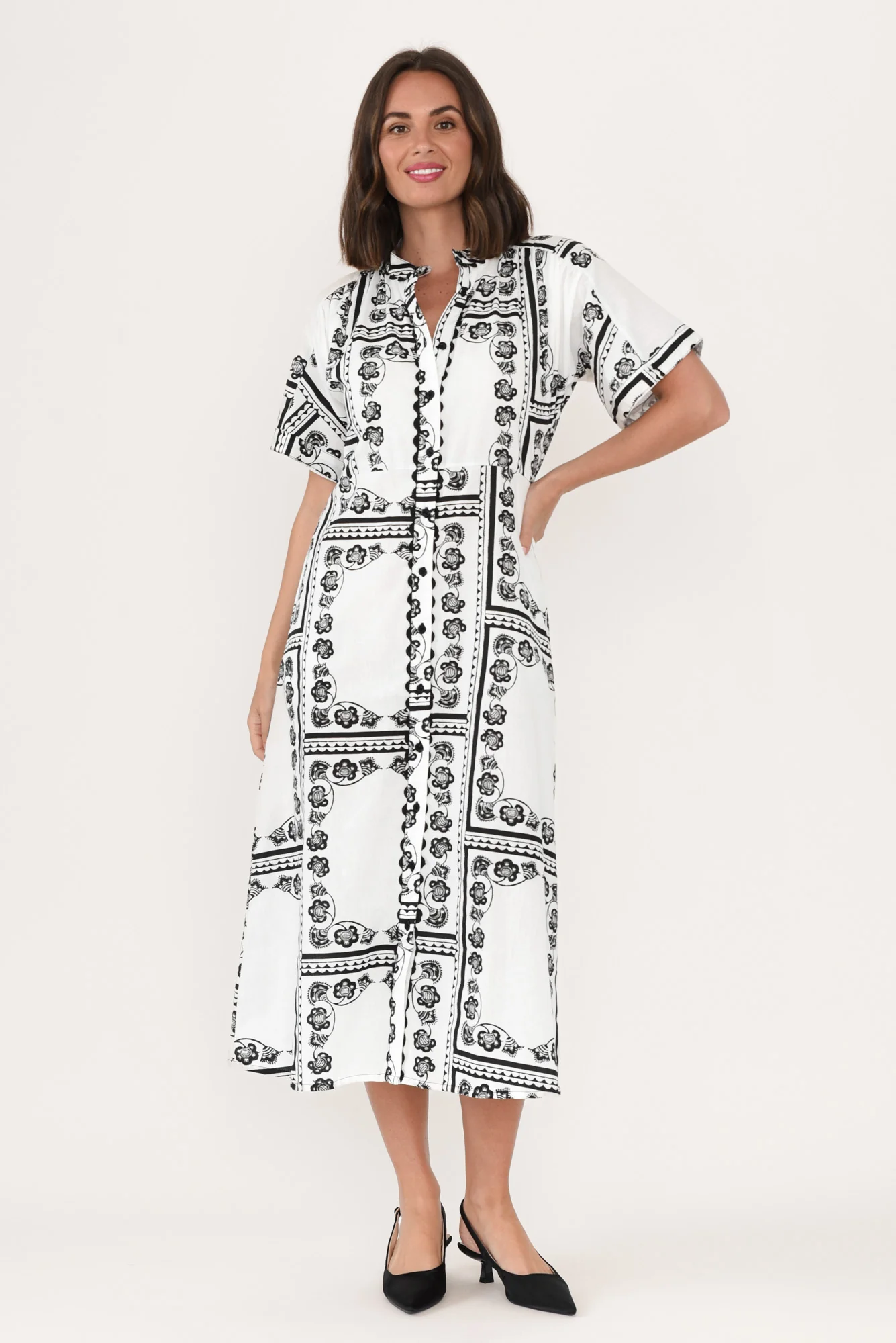 Marilyn White Tile Cotton Tie Dress - Image 6
