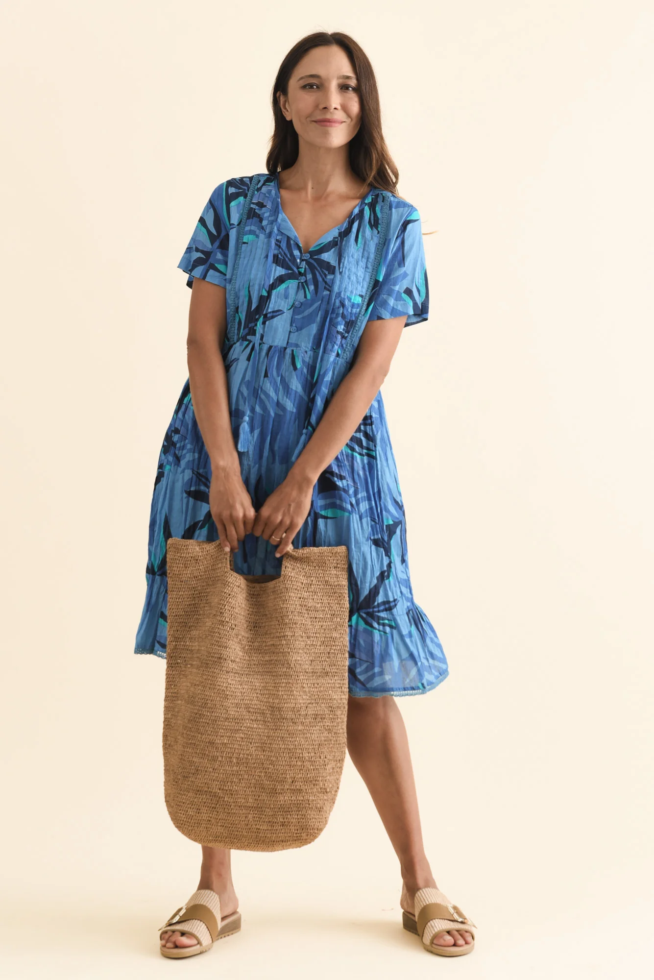Marisol Blue Leaf Crinkle Cotton Dress - Image 3