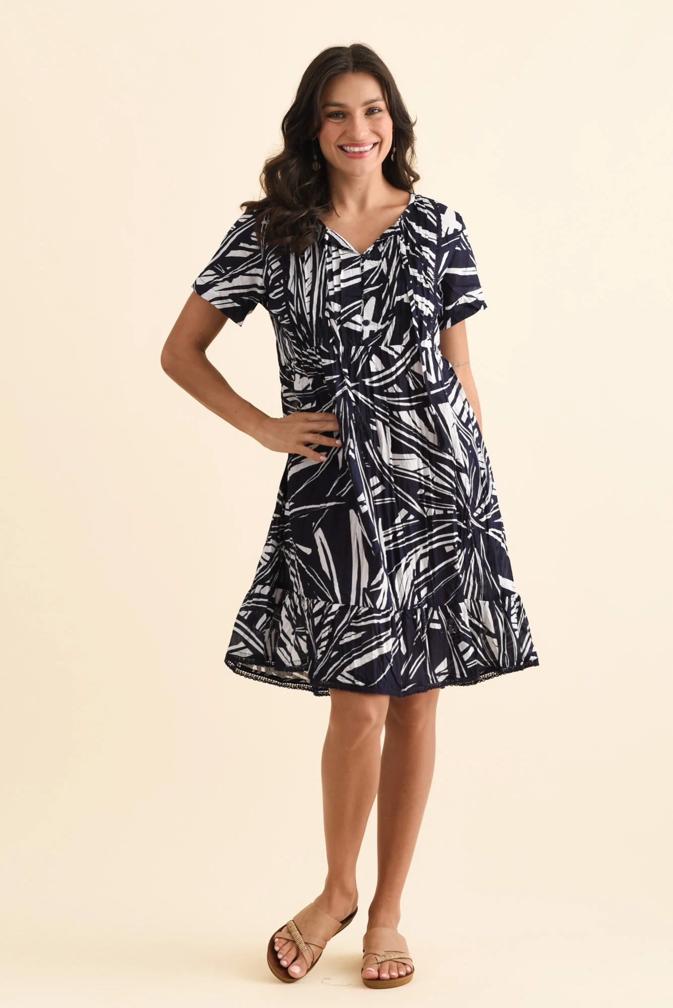 Marisol Navy Foliage Crinkle Cotton Dress