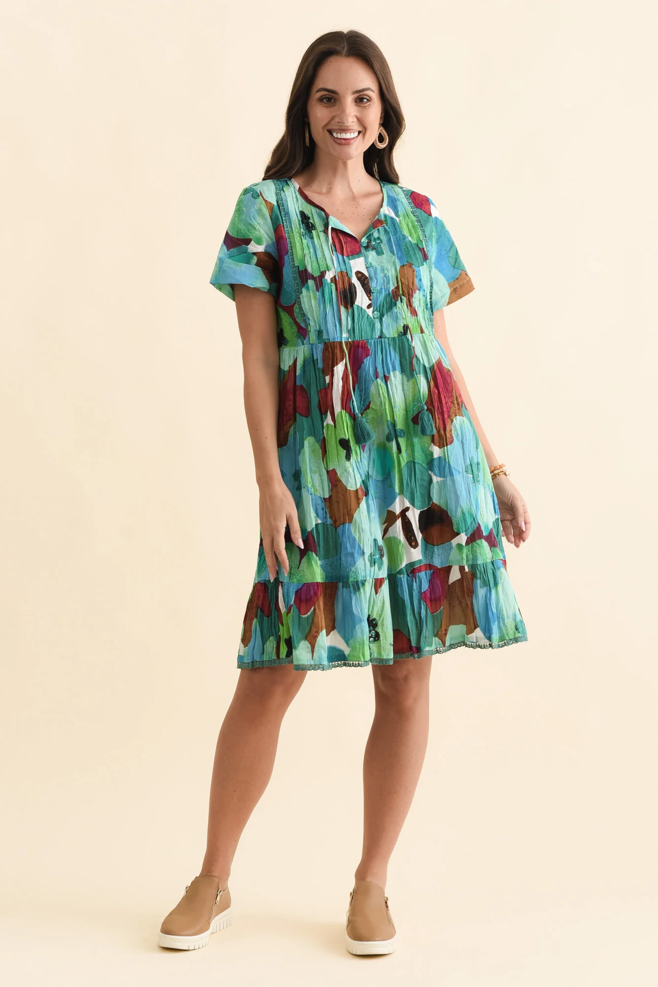Marisol Teal Flower Crinkle Cotton Dress