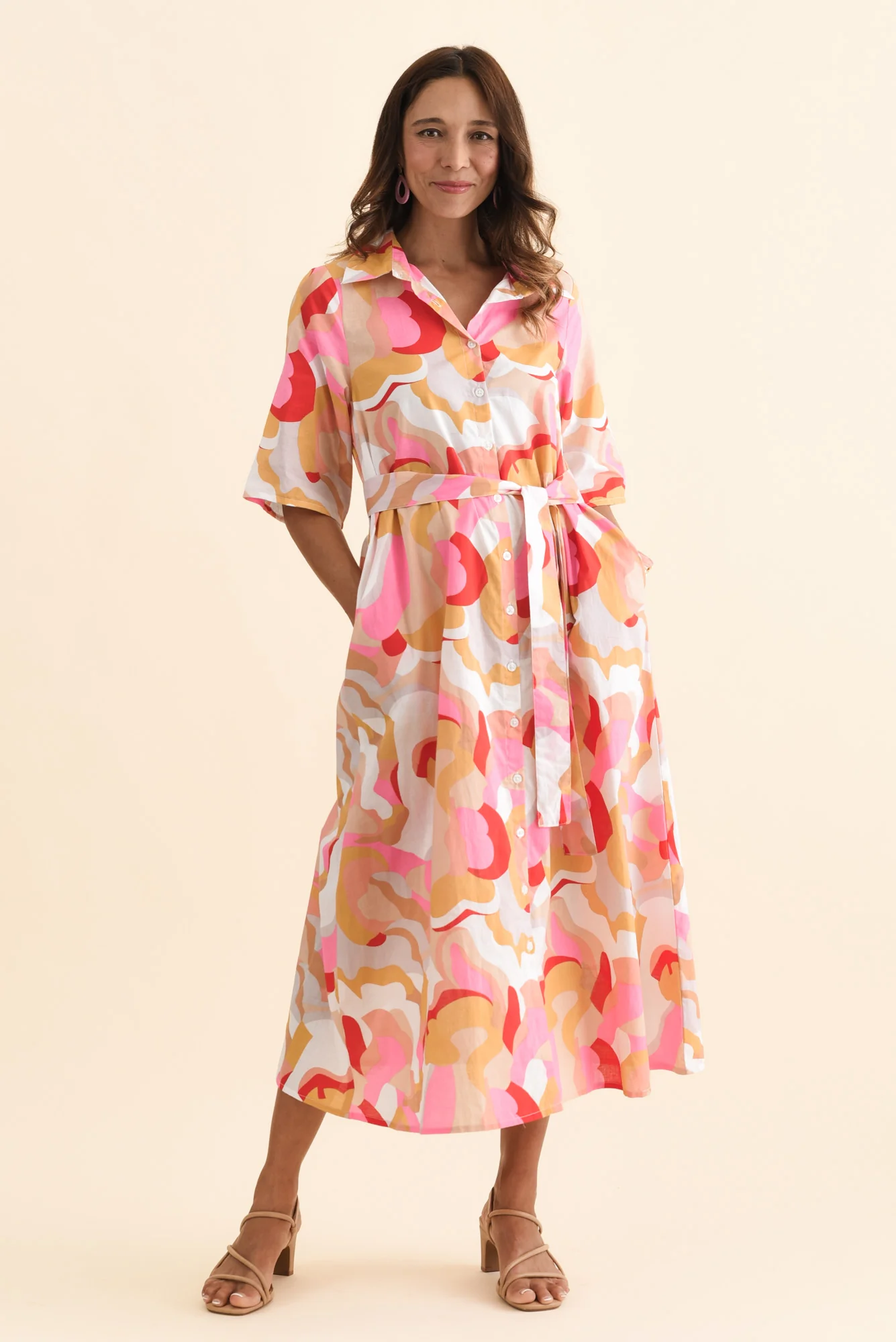Meda Beige Floral Cotton Tie Dress - Image 2