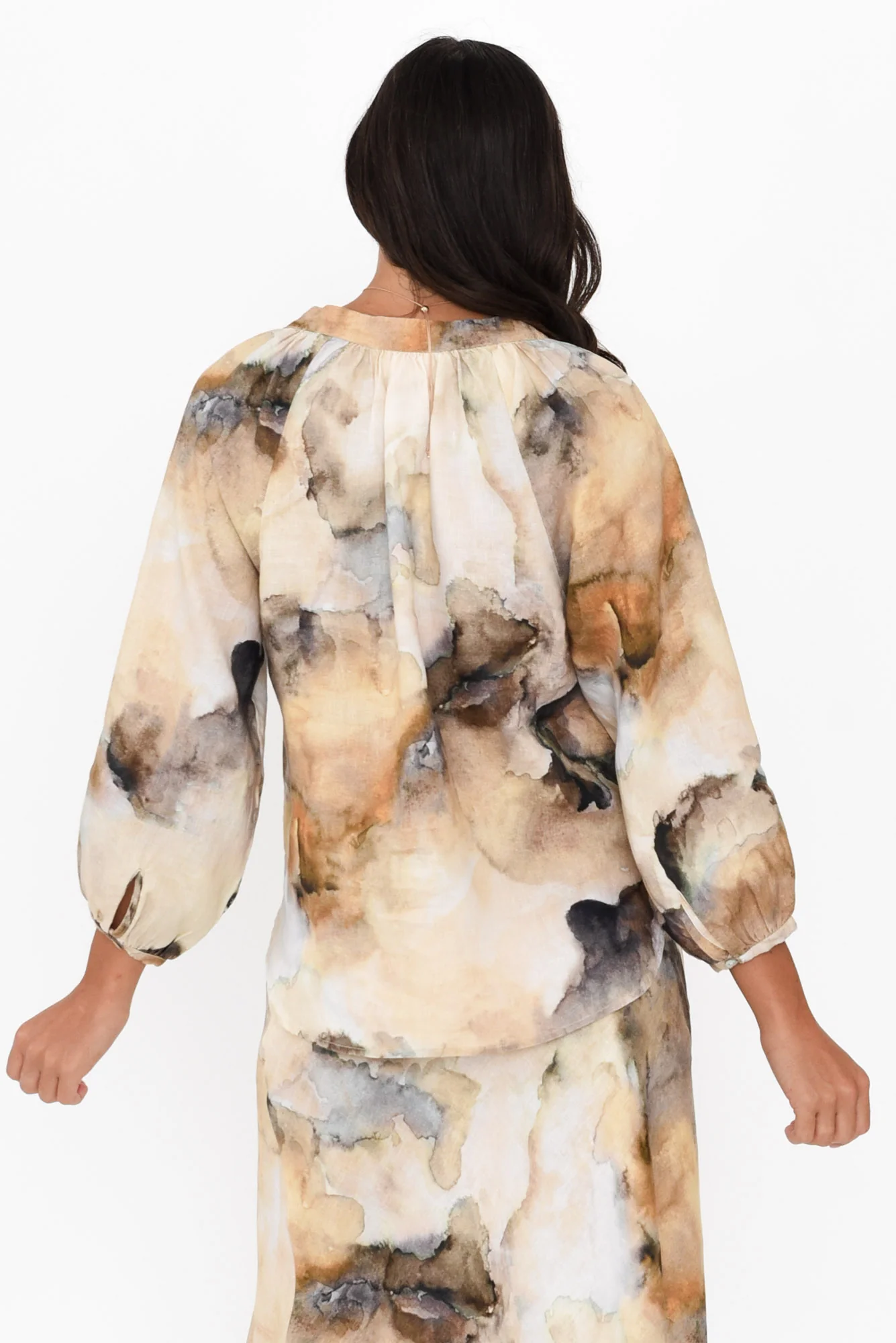 Meru Beige Marble Linen Button Blouse - Image 4