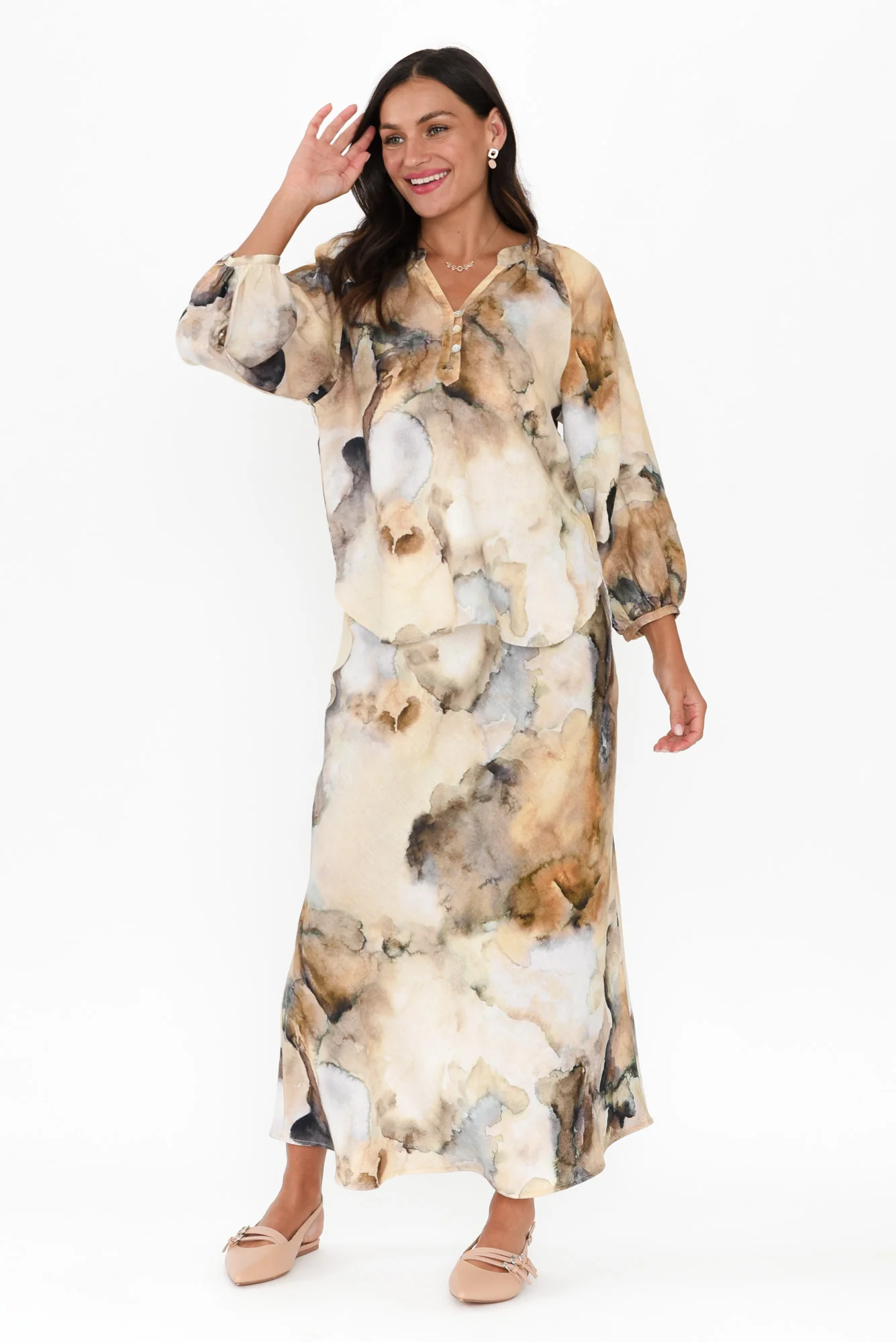 Meru Beige Marble Linen Button Blouse - Image 6