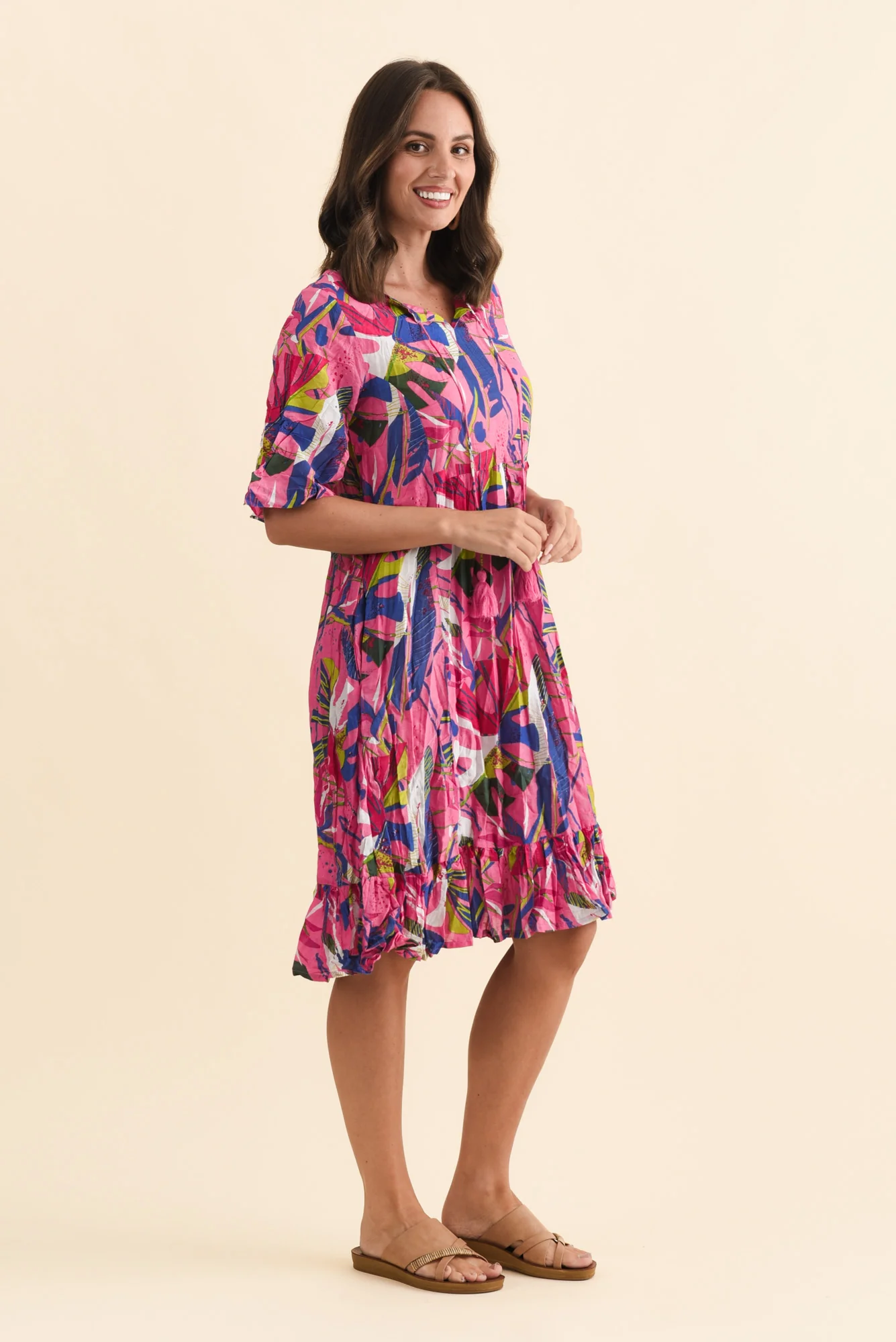 Mila Fuchsia Leaf Crinkle Cotton Dress - Image 3