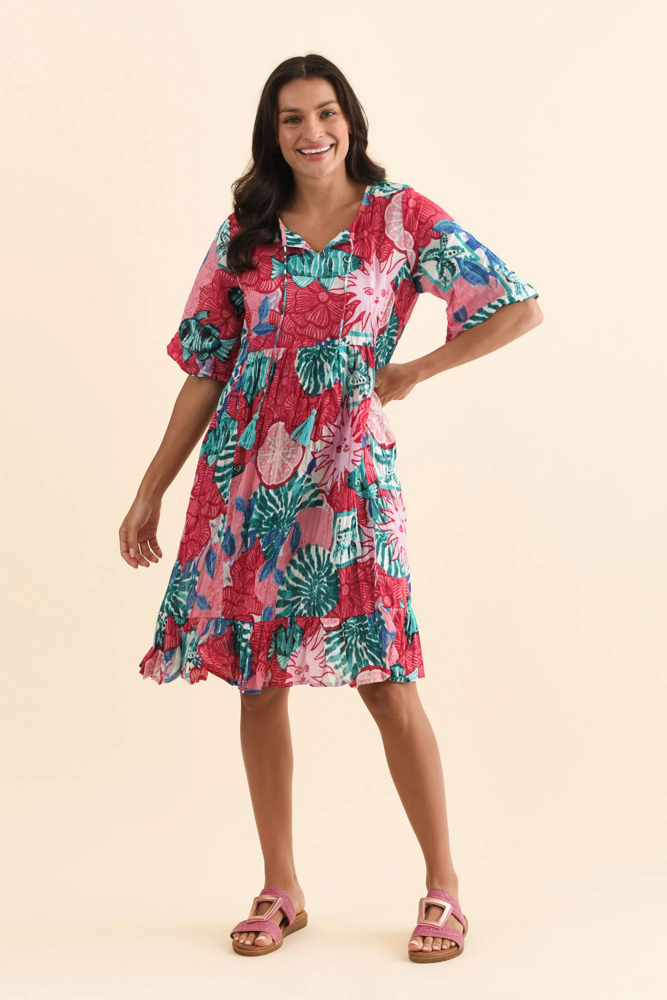 Mila Pink Abstract Crinkle Cotton Dress - Image 2
