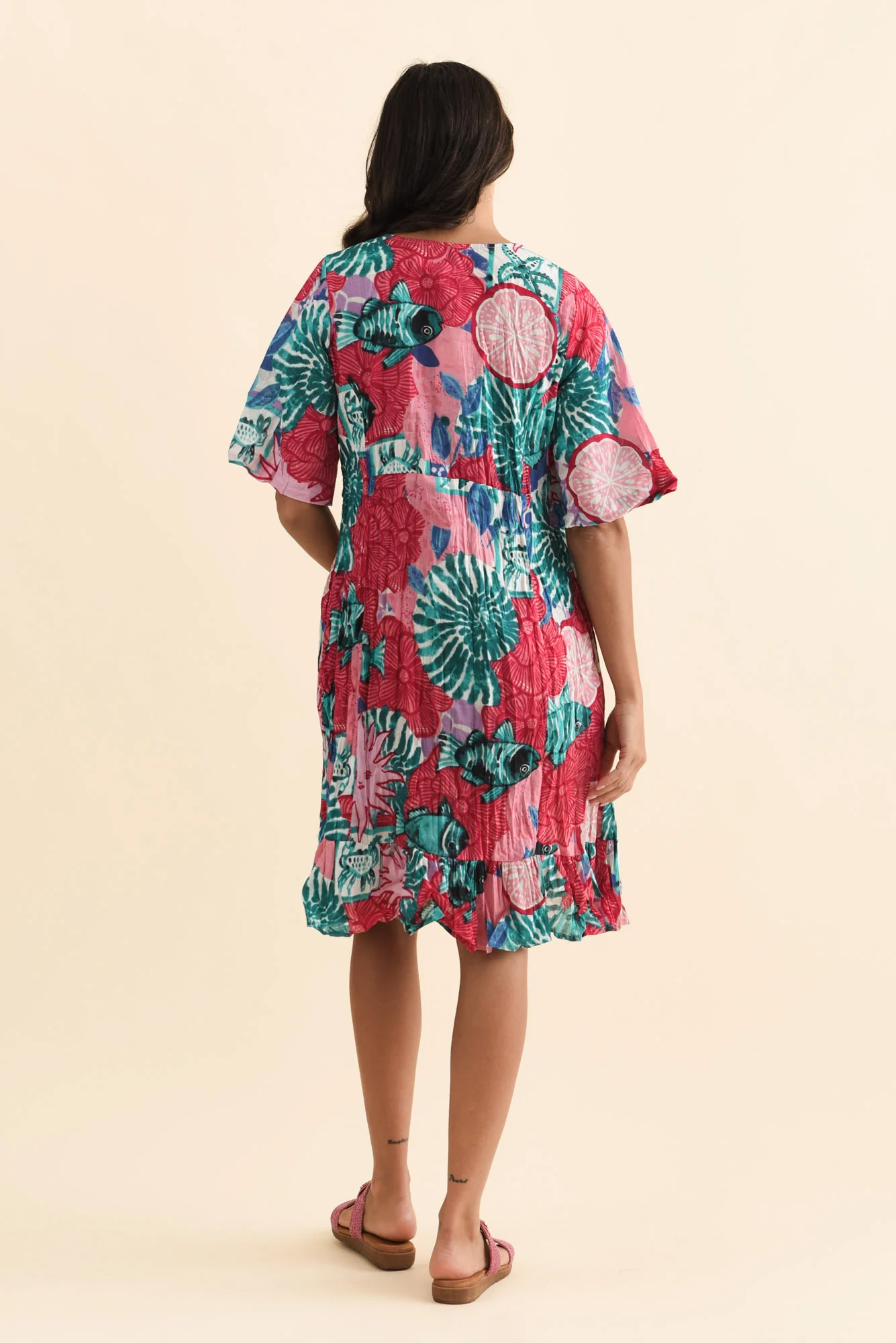Mila Pink Abstract Crinkle Cotton Dress - Image 3