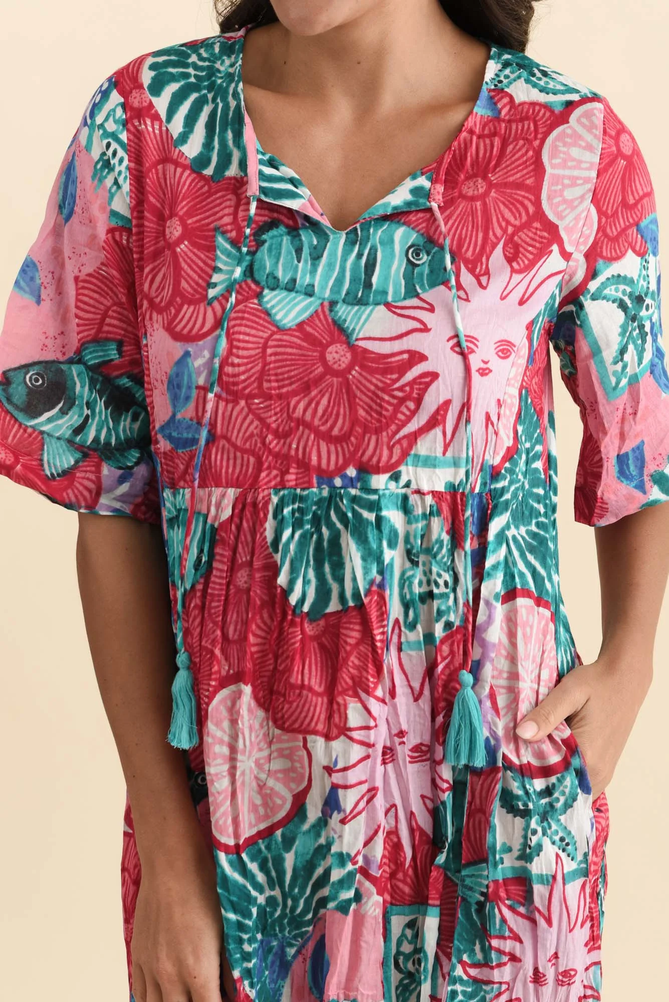 Mila Pink Abstract Crinkle Cotton Dress - Image 5