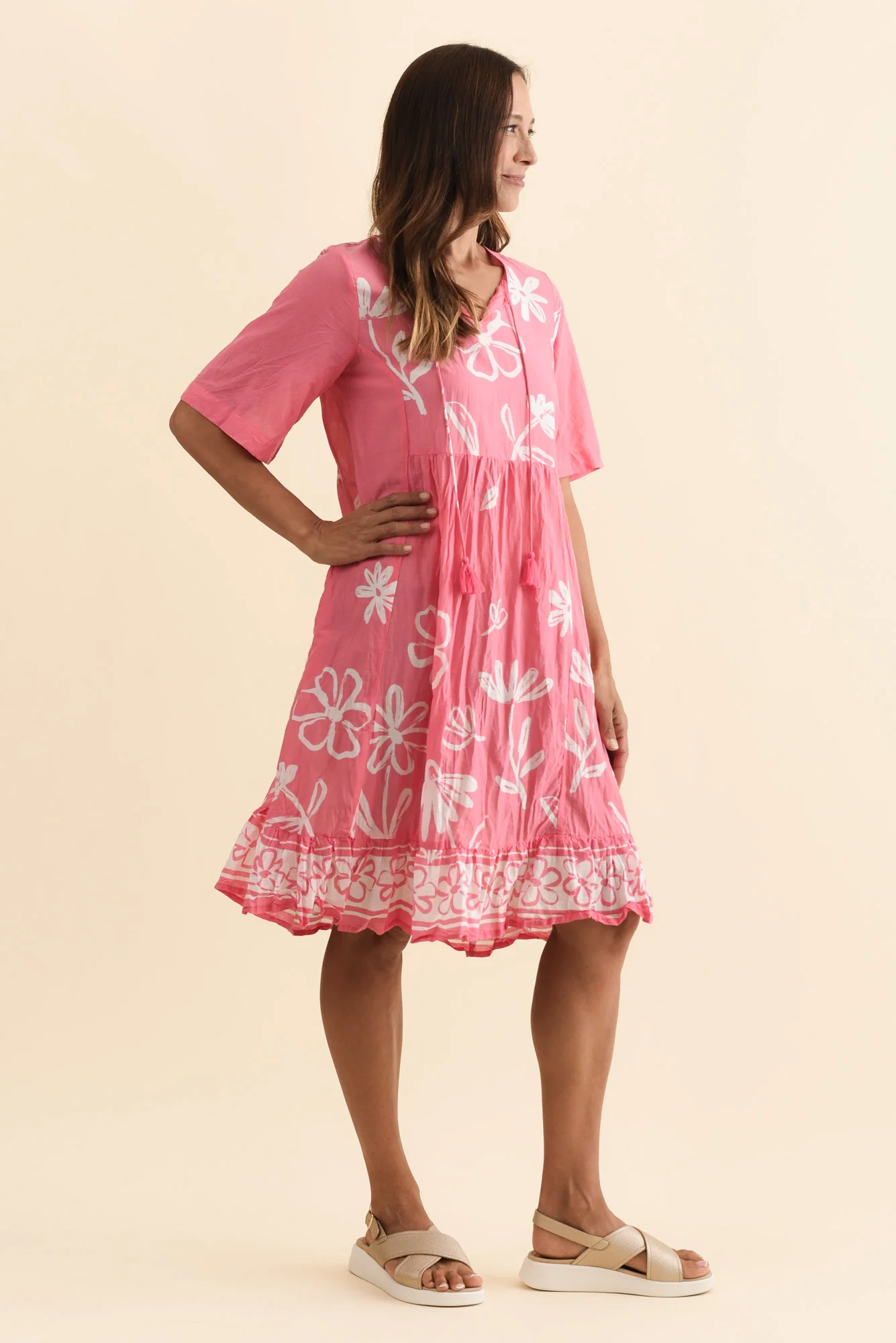 Mila Pink Flower Crinkle Cotton Dress - Image 3