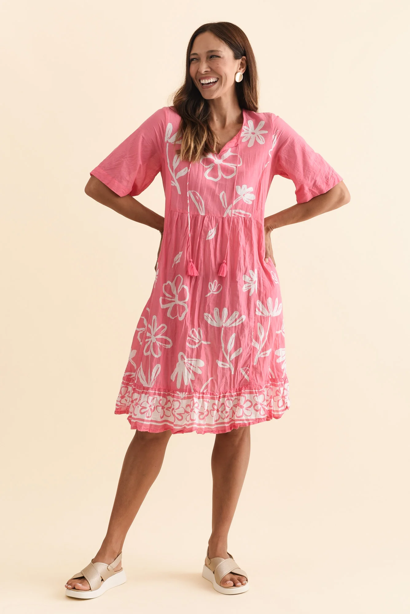 Mila Pink Flower Crinkle Cotton Dress - Image 6
