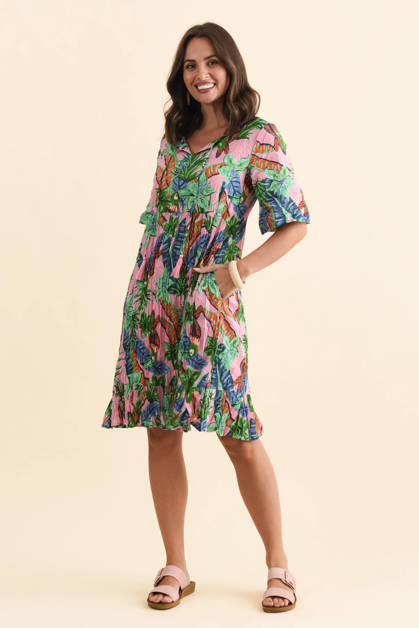 Mila Pink Jungle Crinkle Cotton Dress - Image 3