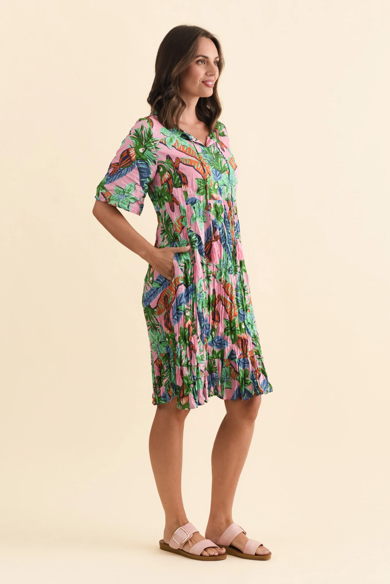 Mila Pink Jungle Crinkle Cotton Dress - Image 4