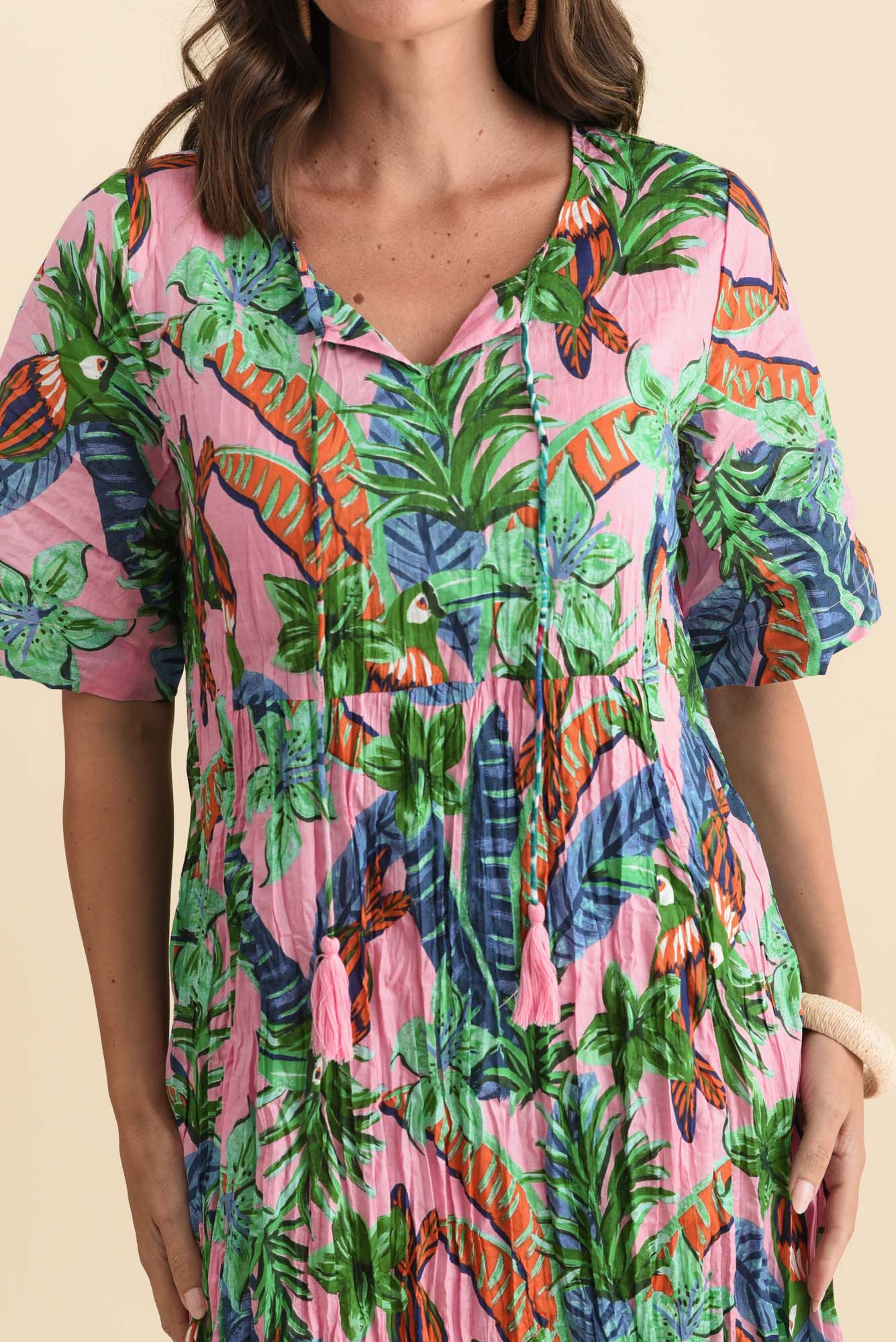 Mila Pink Jungle Crinkle Cotton Dress - Image 6