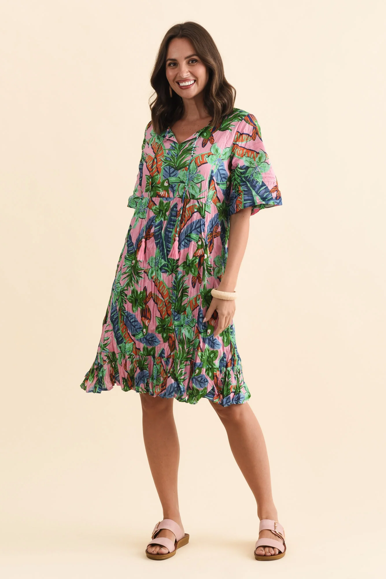 Mila Pink Jungle Crinkle Cotton Dress - Image 7