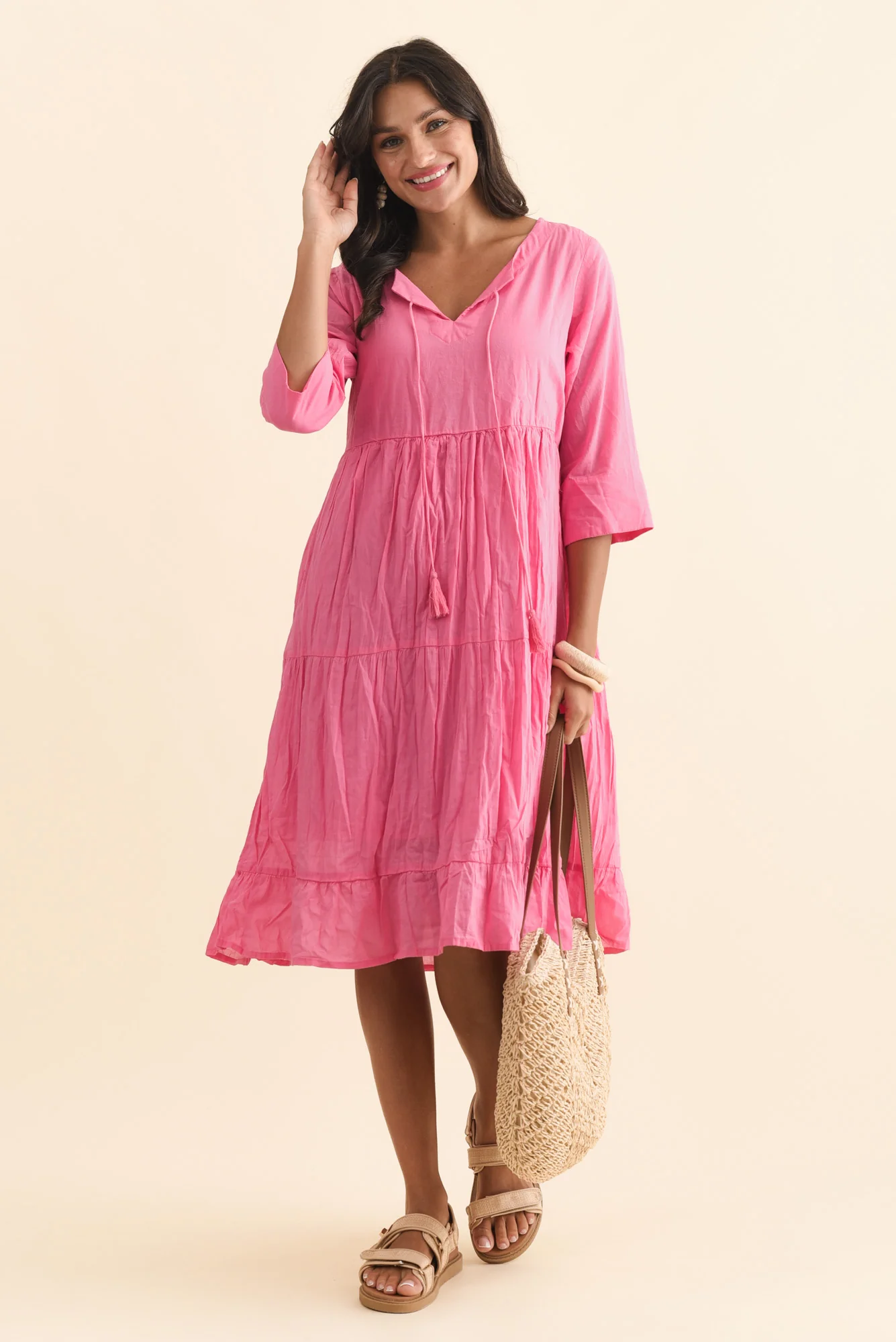 Milana Bright Pink Crinkle Cotton Dress - Image 2