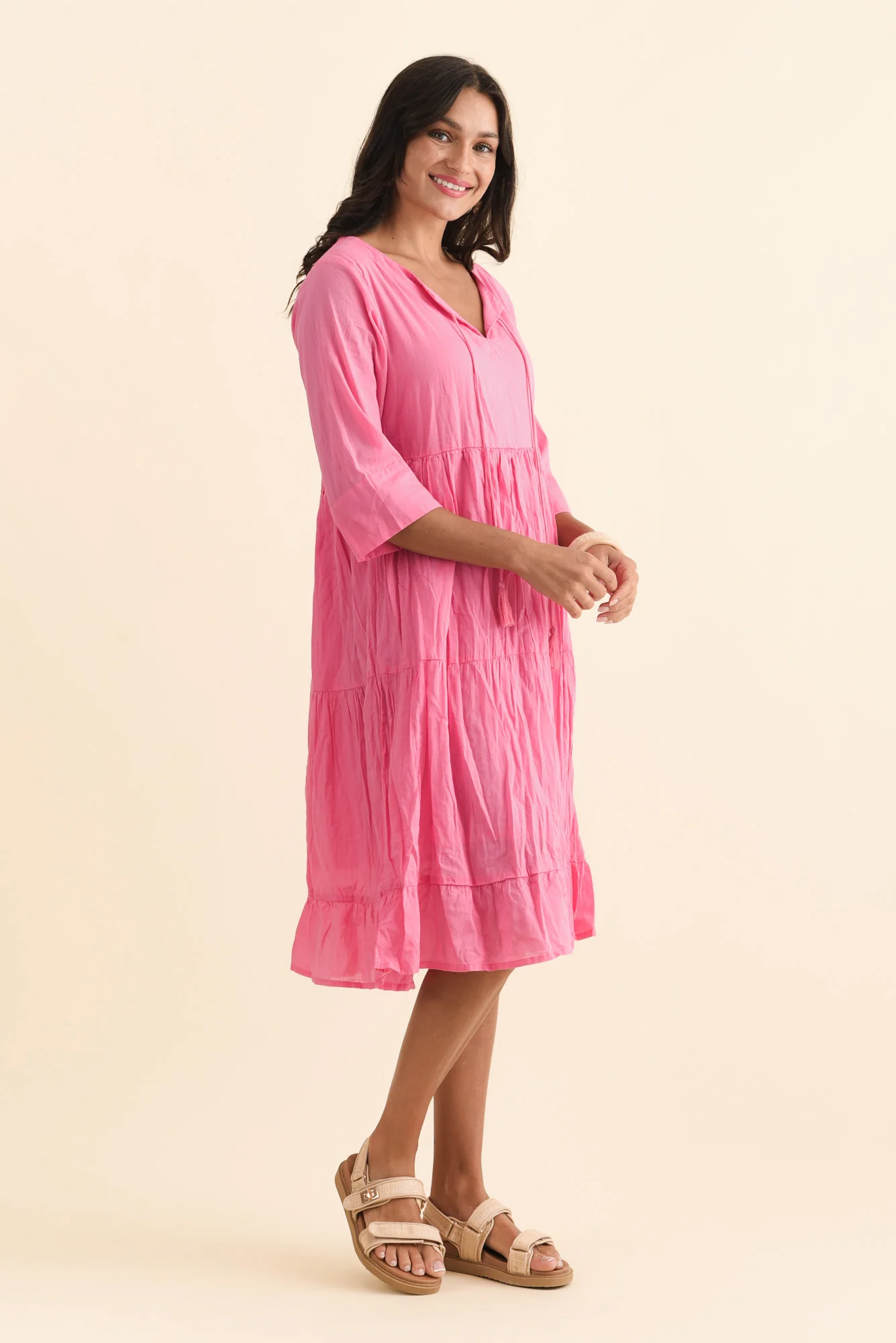 Milana Bright Pink Crinkle Cotton Dress - Image 4