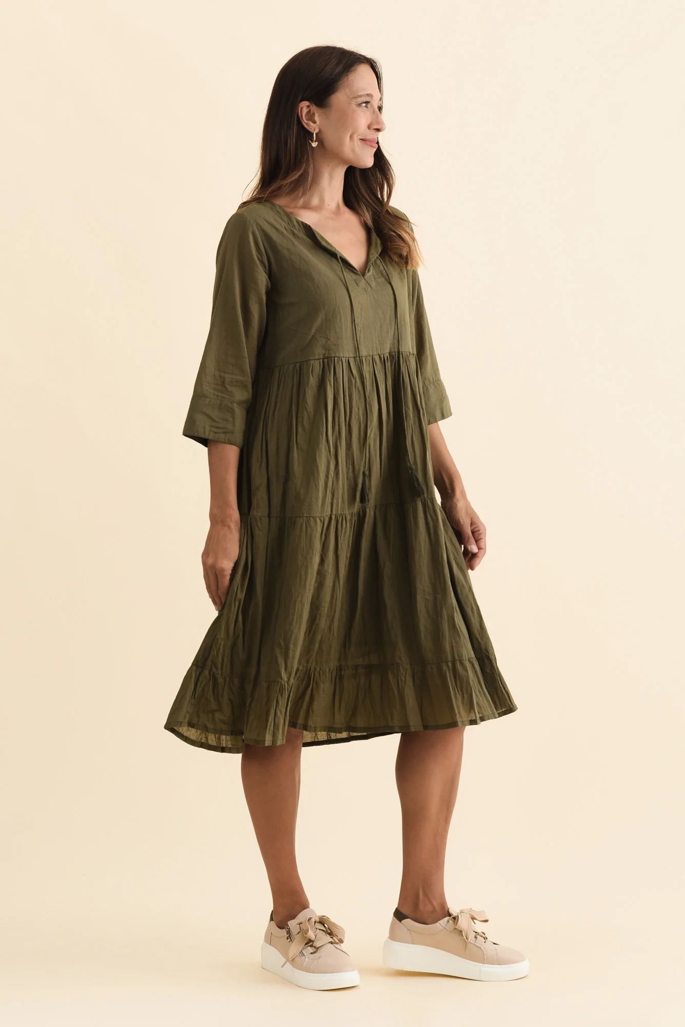 Milana Khaki Crinkle Cotton Dress - Image 4