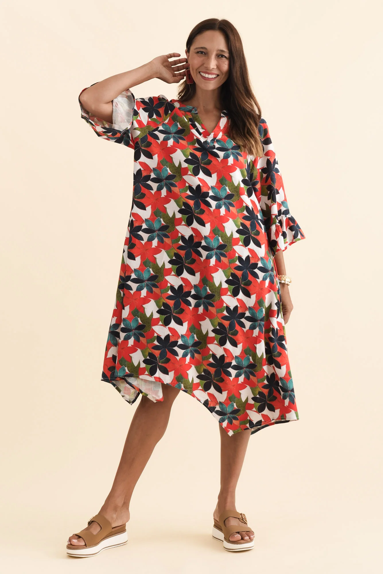 Millicent Red Leaf Linen Cotton Dress - Image 6