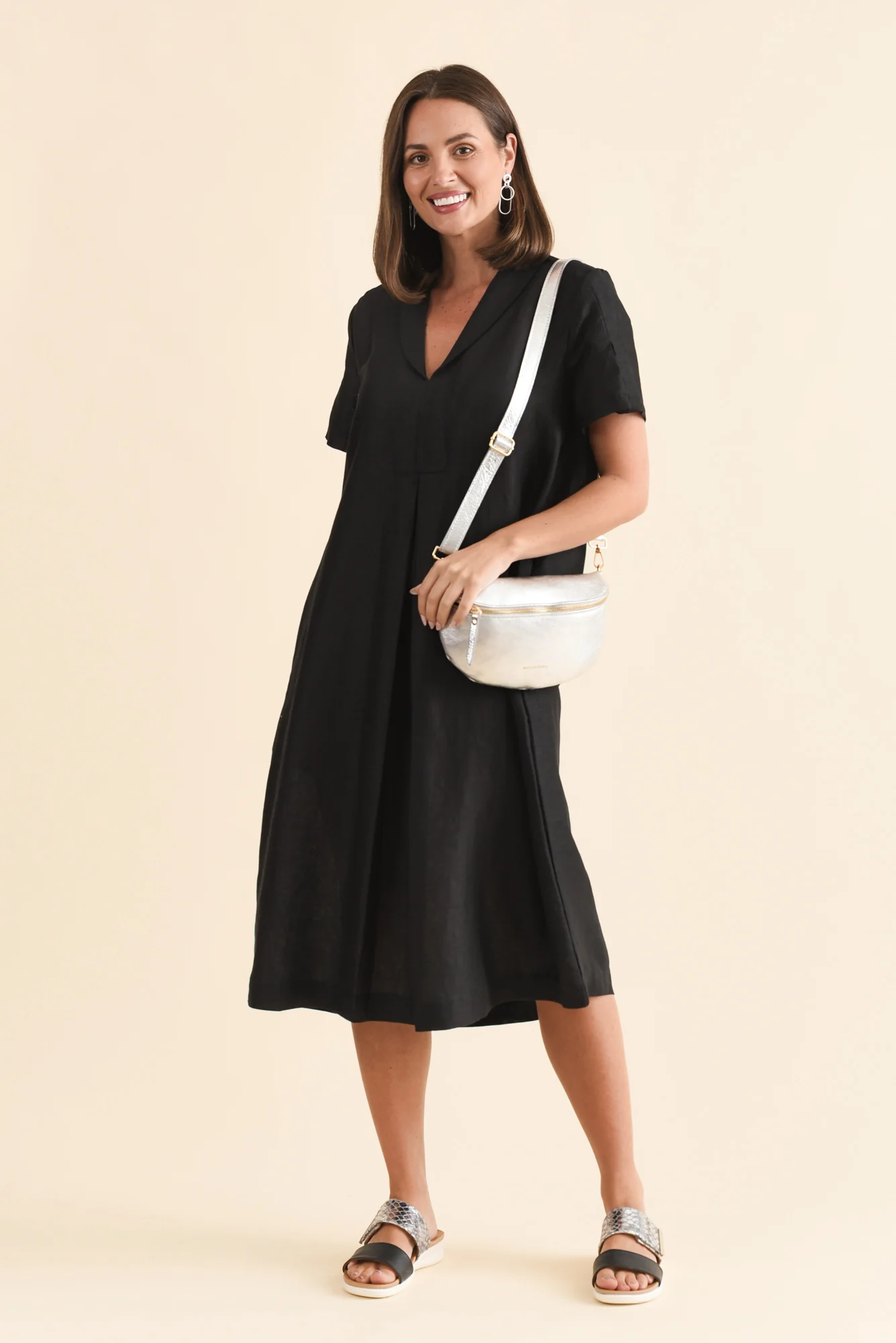 Miranda Black Linen Collared Dress
