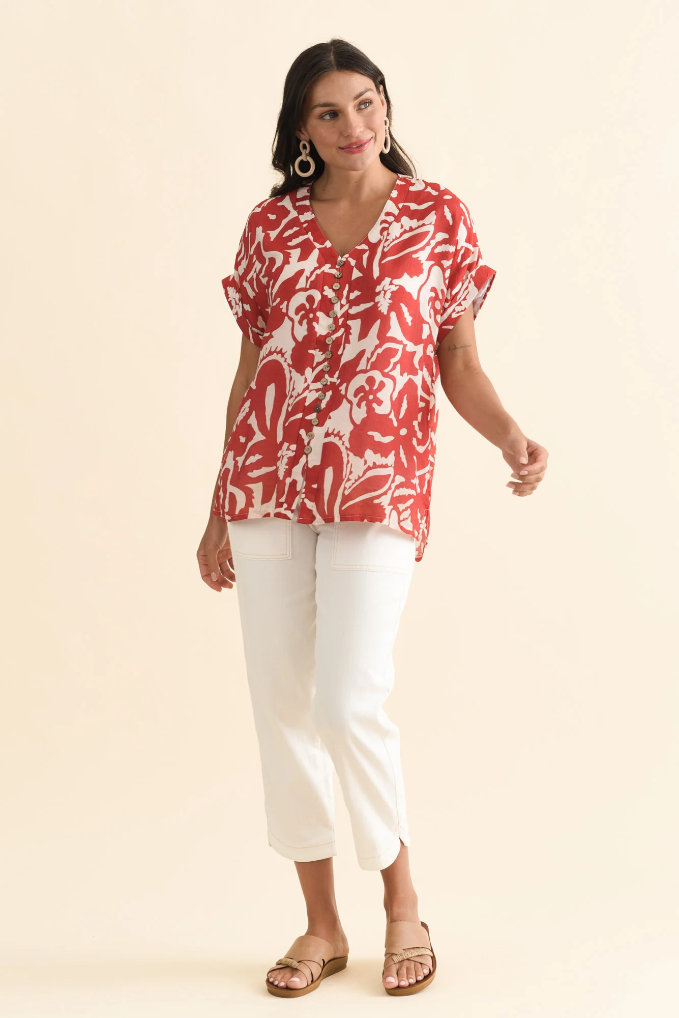 Miray Red Tropical Button Top - Image 2