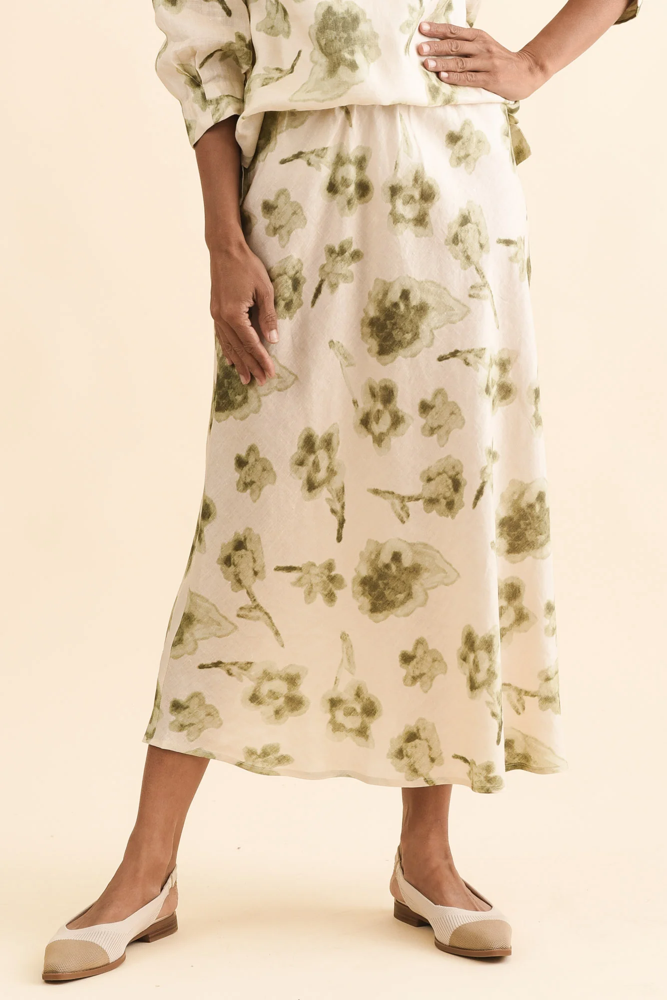 Modena Cream Floral Linen Midi Skirt